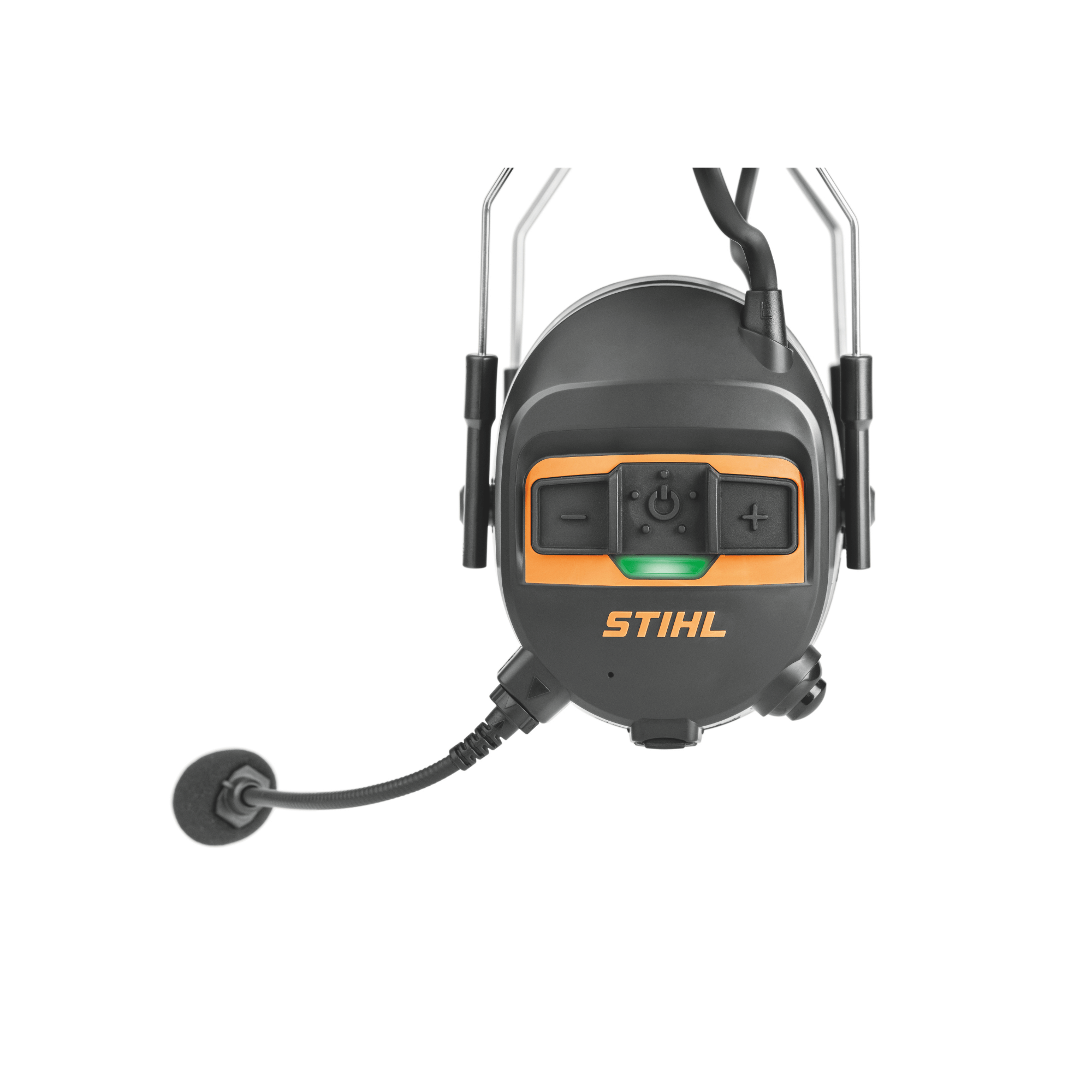 STIHL Advance Procom Bluetooth helmet mounted ear defenders with microphone and control buttons.