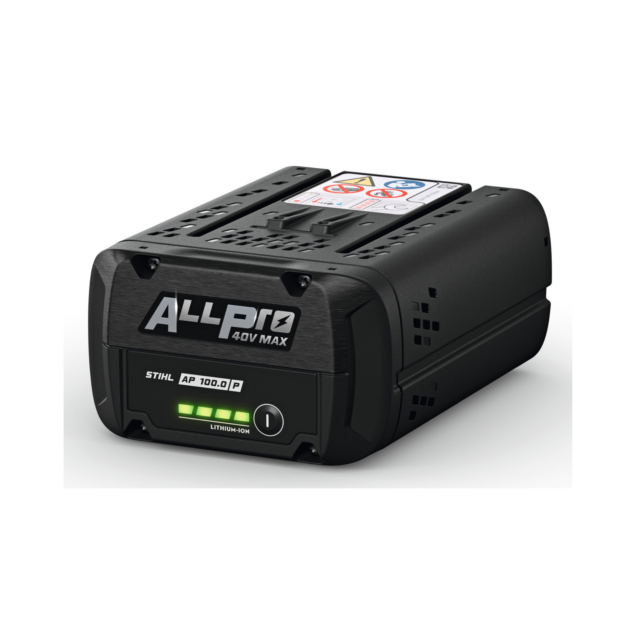 STIHL ALLPRO AP 100 P battery side angle, showing compact tabless design.