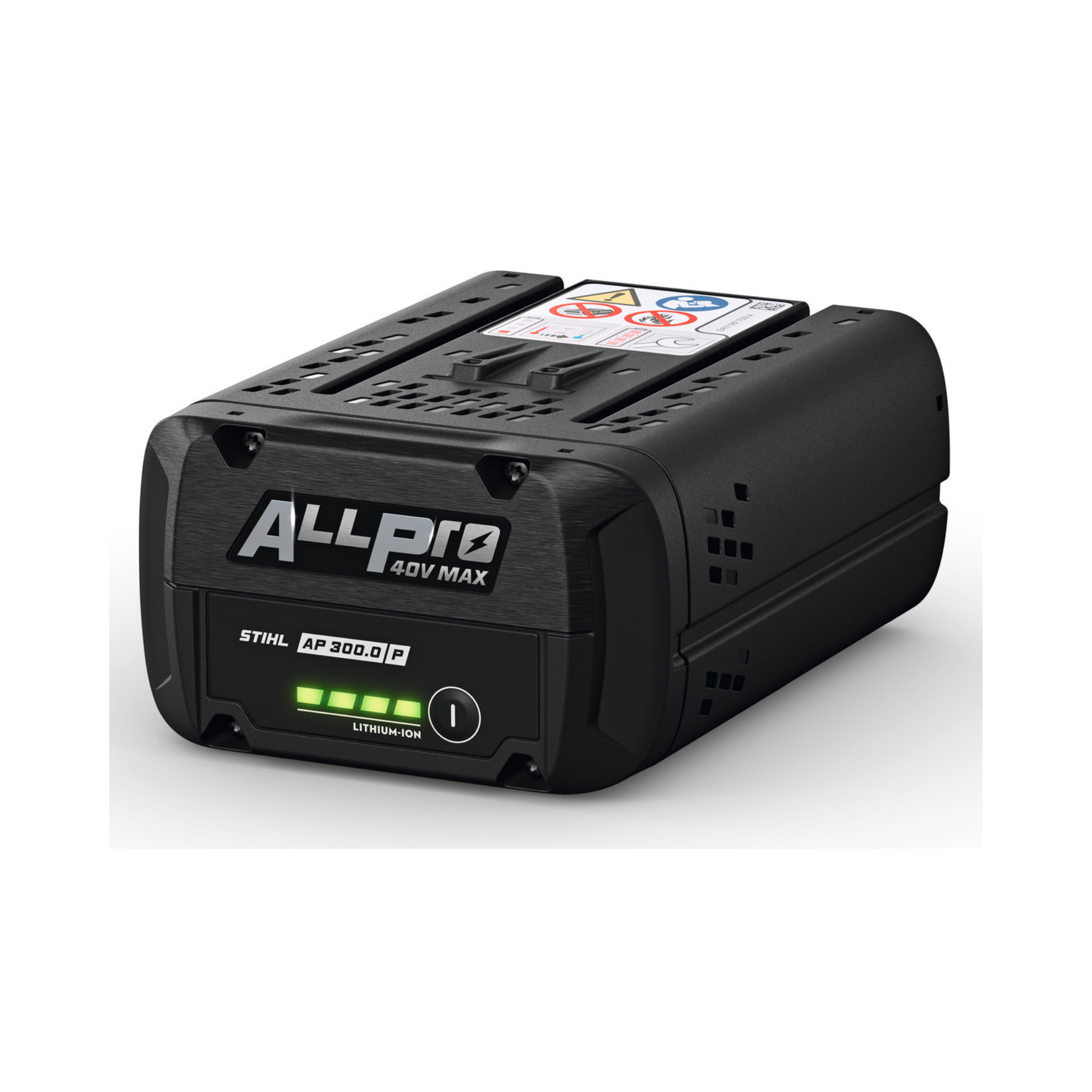 STIHL ALLPRO AP 300 P battery side angle, showing AP System connection interface.