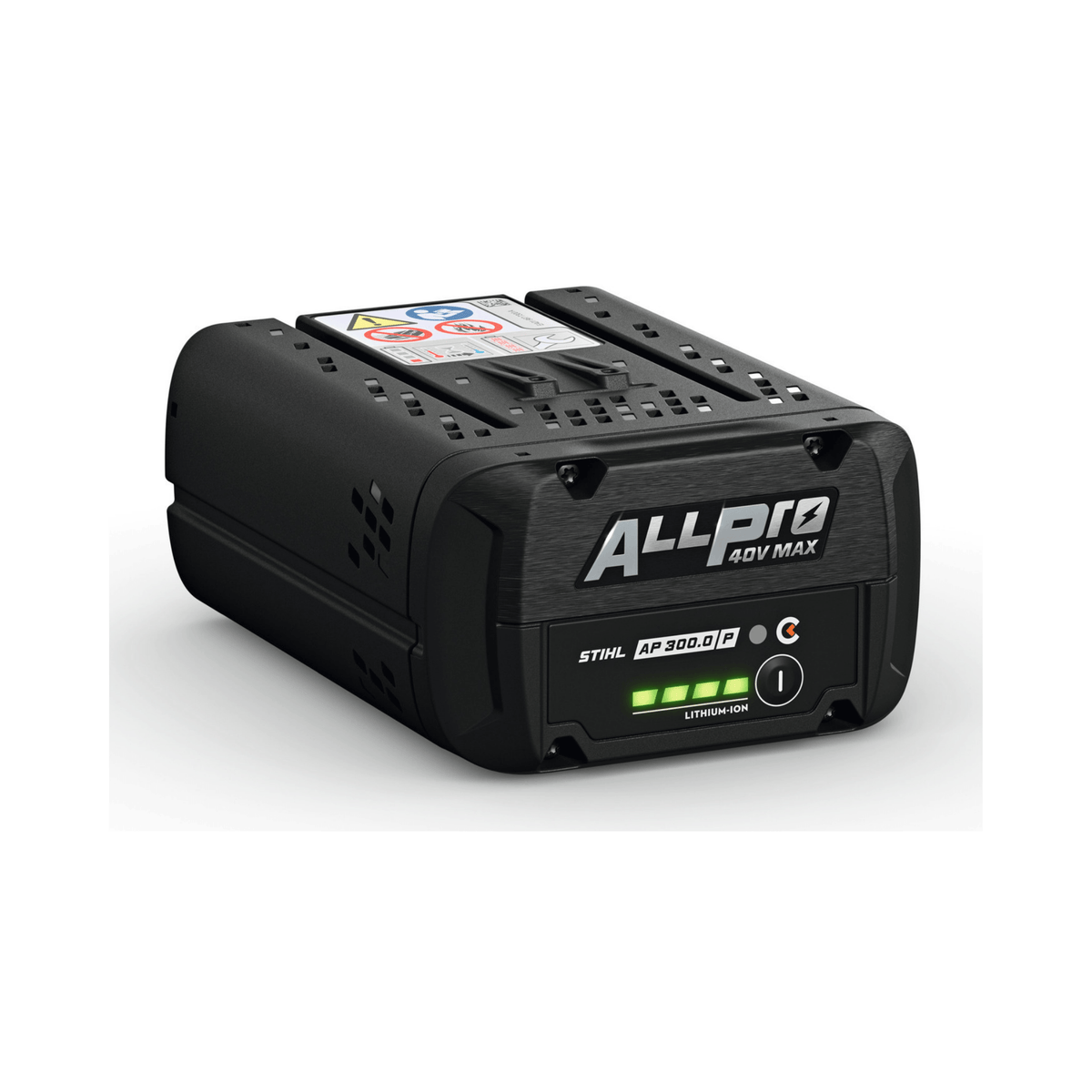 STIHL AP 300 PC Battery ALLPRO with charging indicator, designed for maximum power and connectivity.
