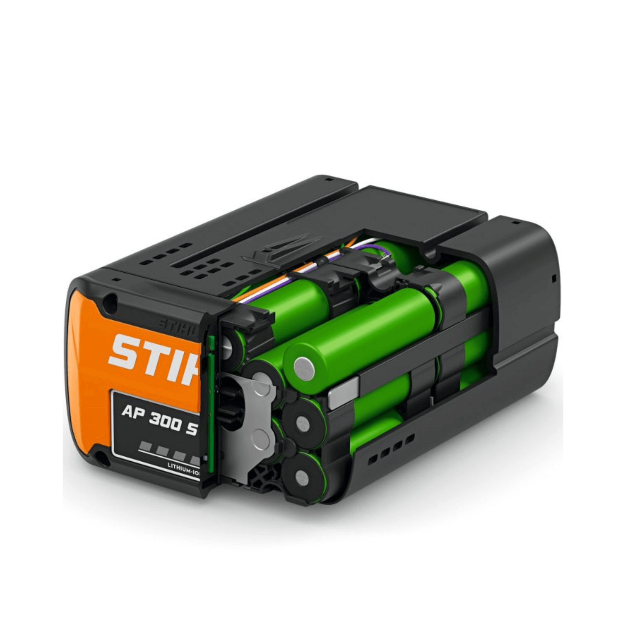STIHL AP 300 S battery pack with green cells on a white background