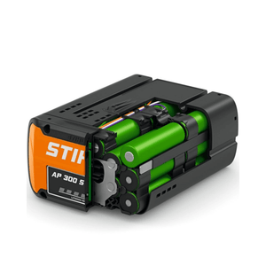 STIHL AP 300 S battery pack with green cells on a white background