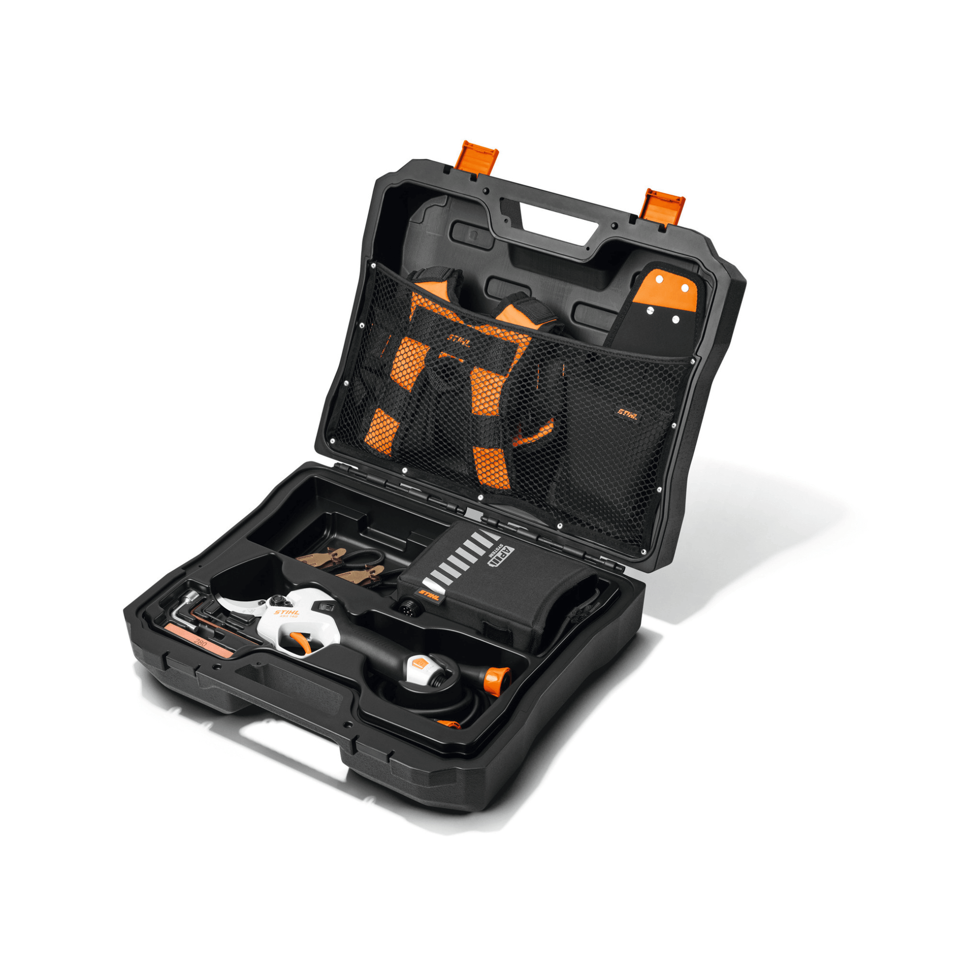 ASA 140 Cordless Secateurs in a tool case for tree surgeons and arborists.