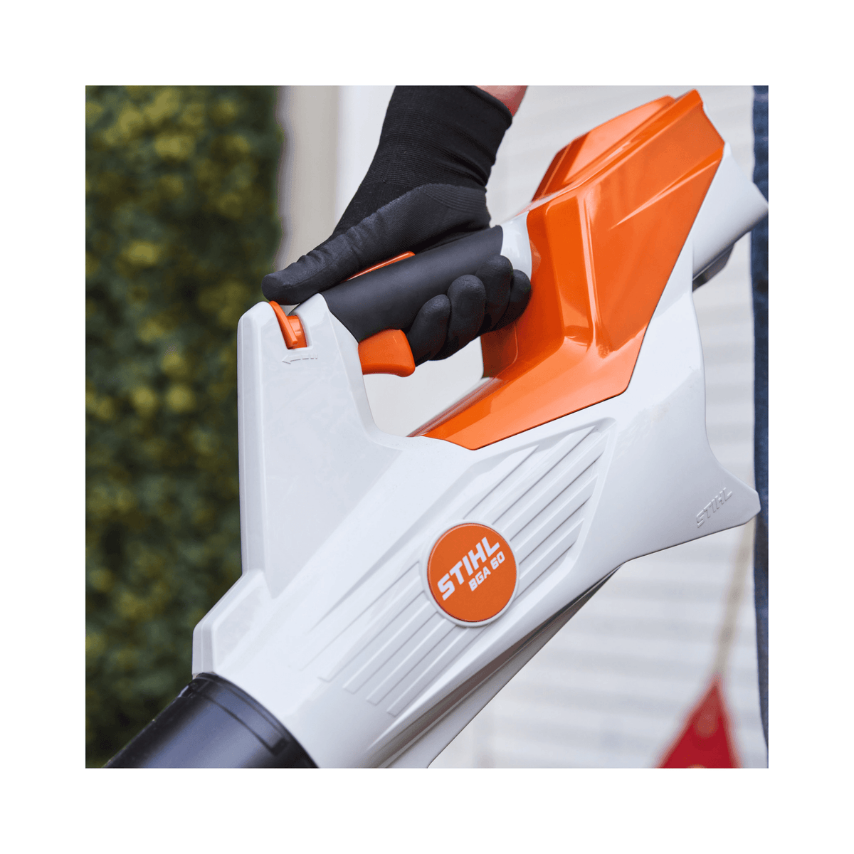 Close-up of the STIHL BGA 60 Cordless Leaf Blower handle and trigger for easy operation.