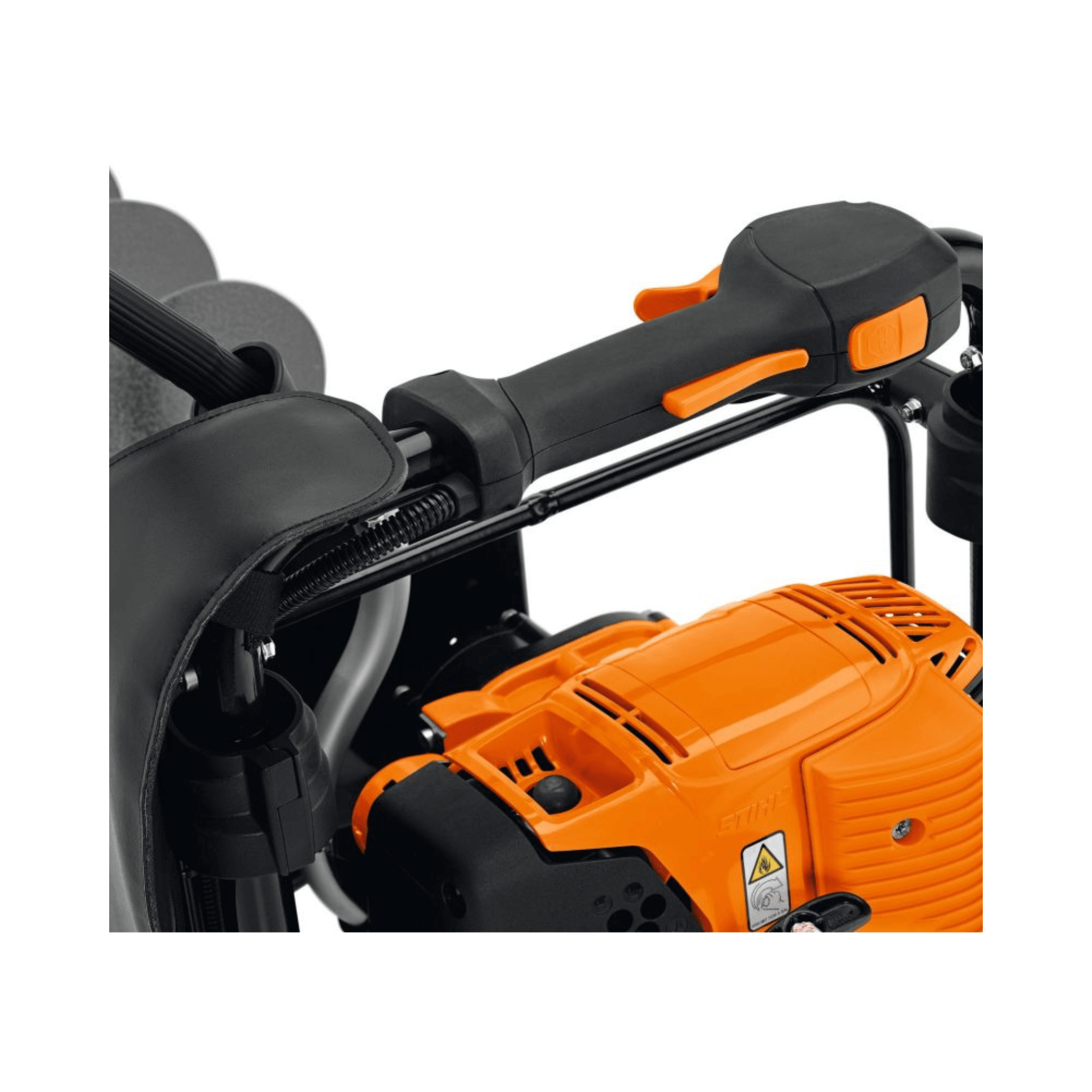 Close-up of the STIHL BT 131 Petrol Earth Auger engine and control handle for professional drilling.