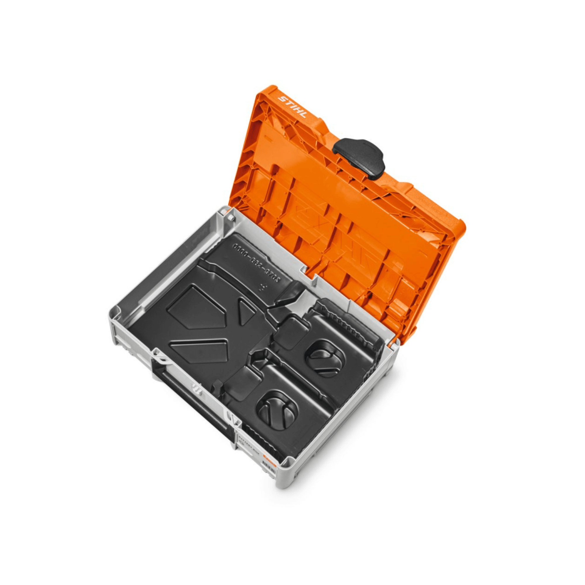 STIHL Battery Box Systainer System open, showcasing storage for tree surgeon tools and batteries in three sizes.