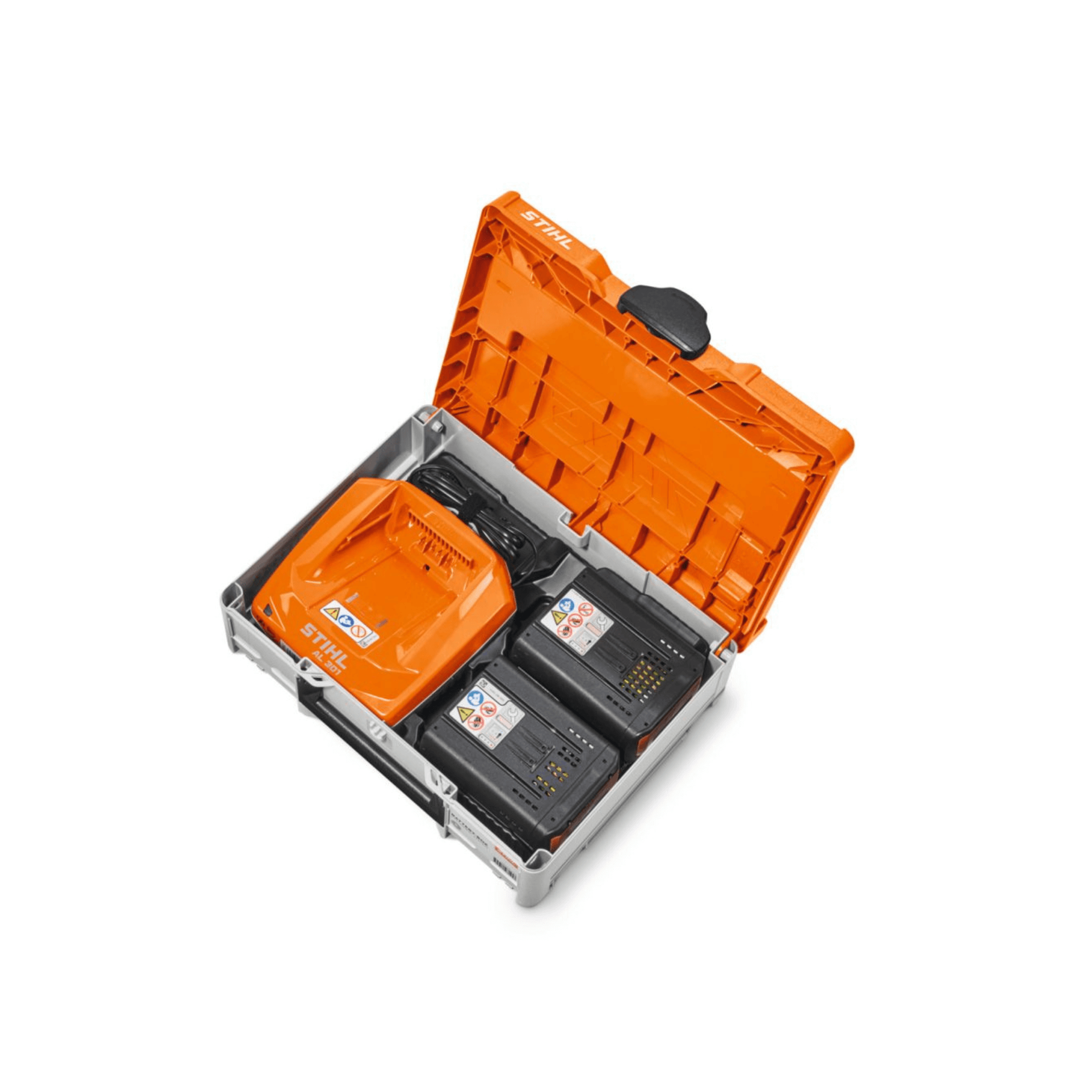 STIHL Battery Box (Systainer System) open with charger and batteries, ideal for tree surgeons.