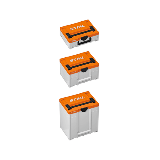 STIHL Battery Box Systainer System in three sizes for tree surgeon storage and transport of battery-powered tools.