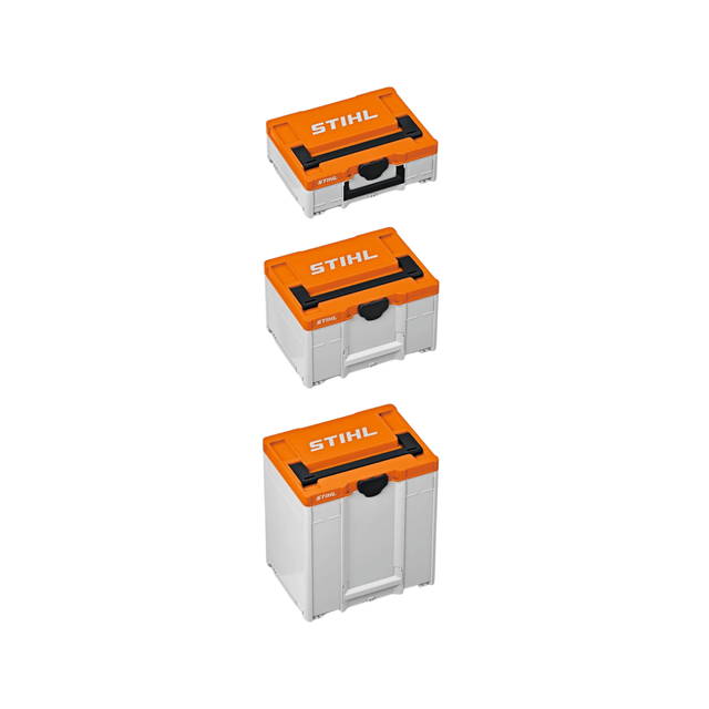 STIHL Battery Box Systainer System in three sizes for tree surgeon storage and transport of battery-powered tools.