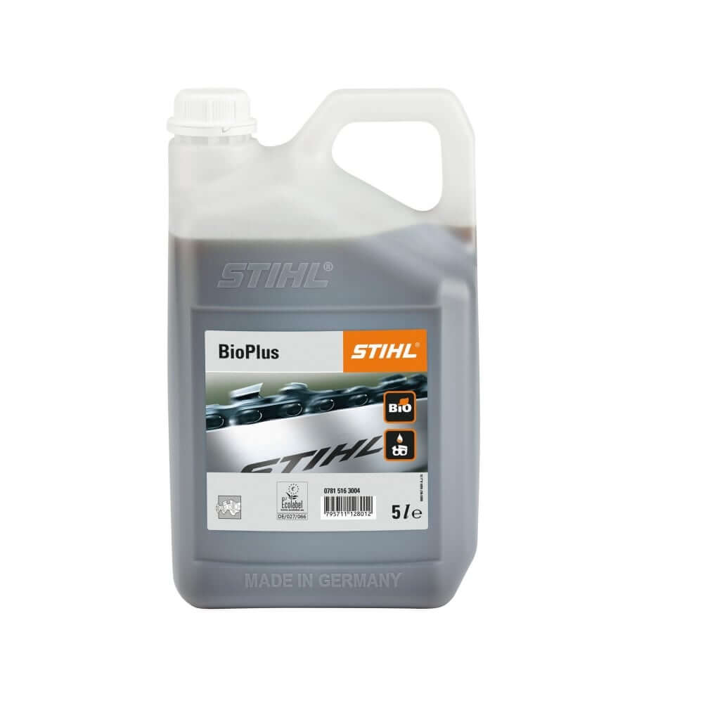 STIHL BioPlus Chain Oil 5L, eco-friendly lubricant for tree surgeons and chainsaw enthusiasts.