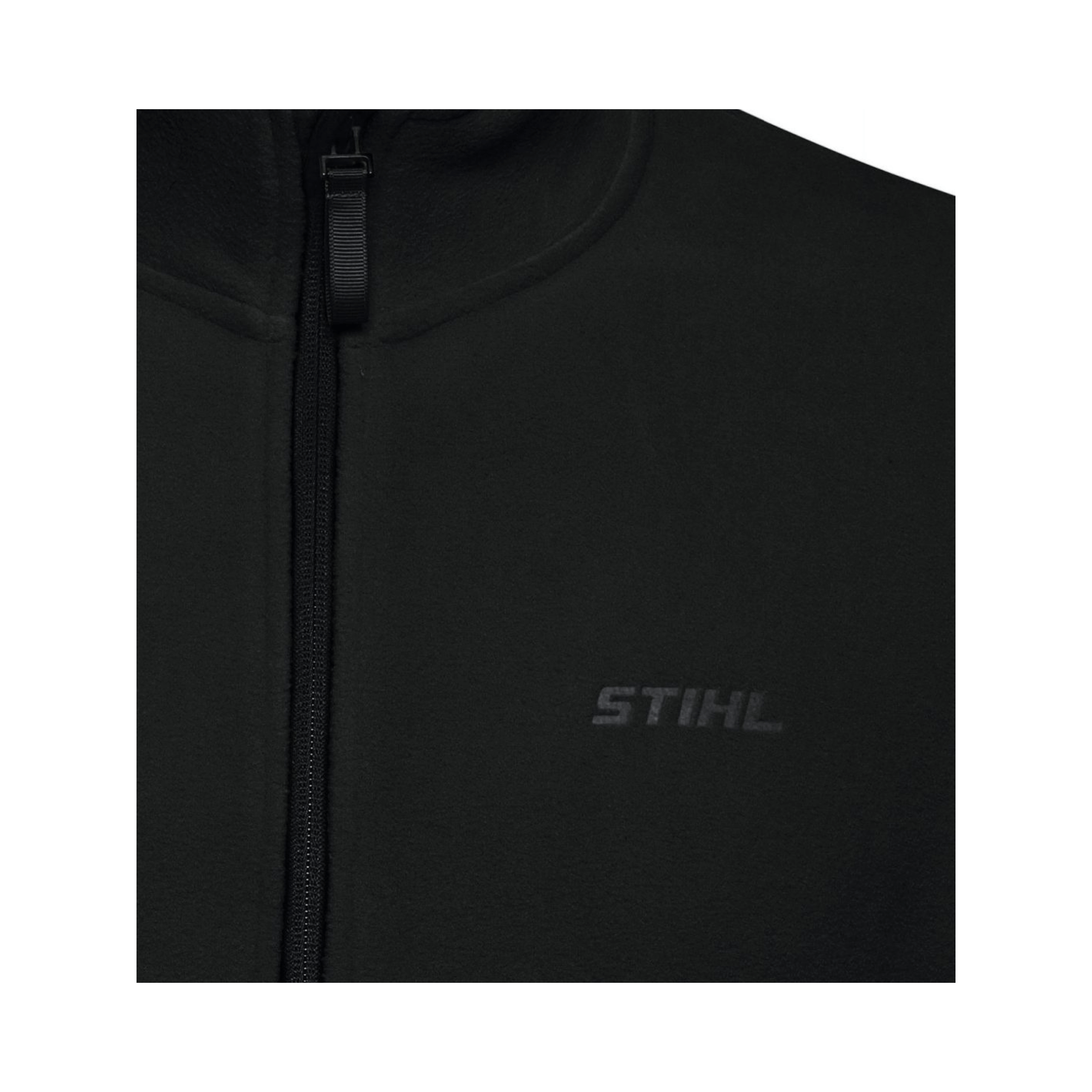 Close-up of the Black Fleece Jacket featuring an embossed STIHL logo, ideal for tree surgeons.