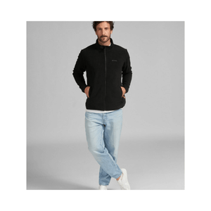 Black Fleece Jacket worn by a man, ideal for tree surgeons and outdoor activities.