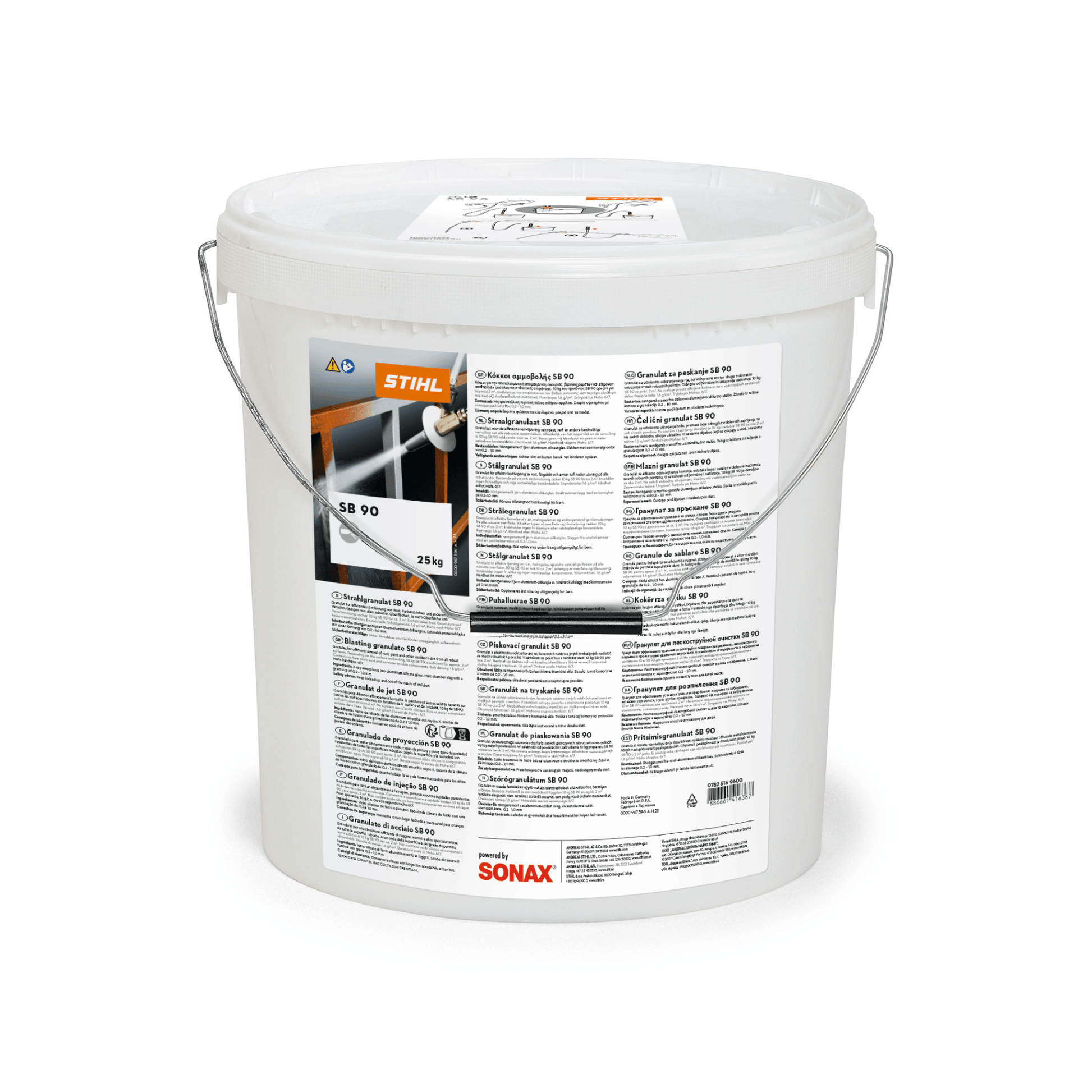 STIHL SB 90 Blasting Granulate 25kg packaging for wet sandblasting applications.