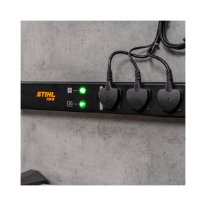 STIHL CM 8 Charging Management Solution with multiple chargers connected for efficient battery charging.
