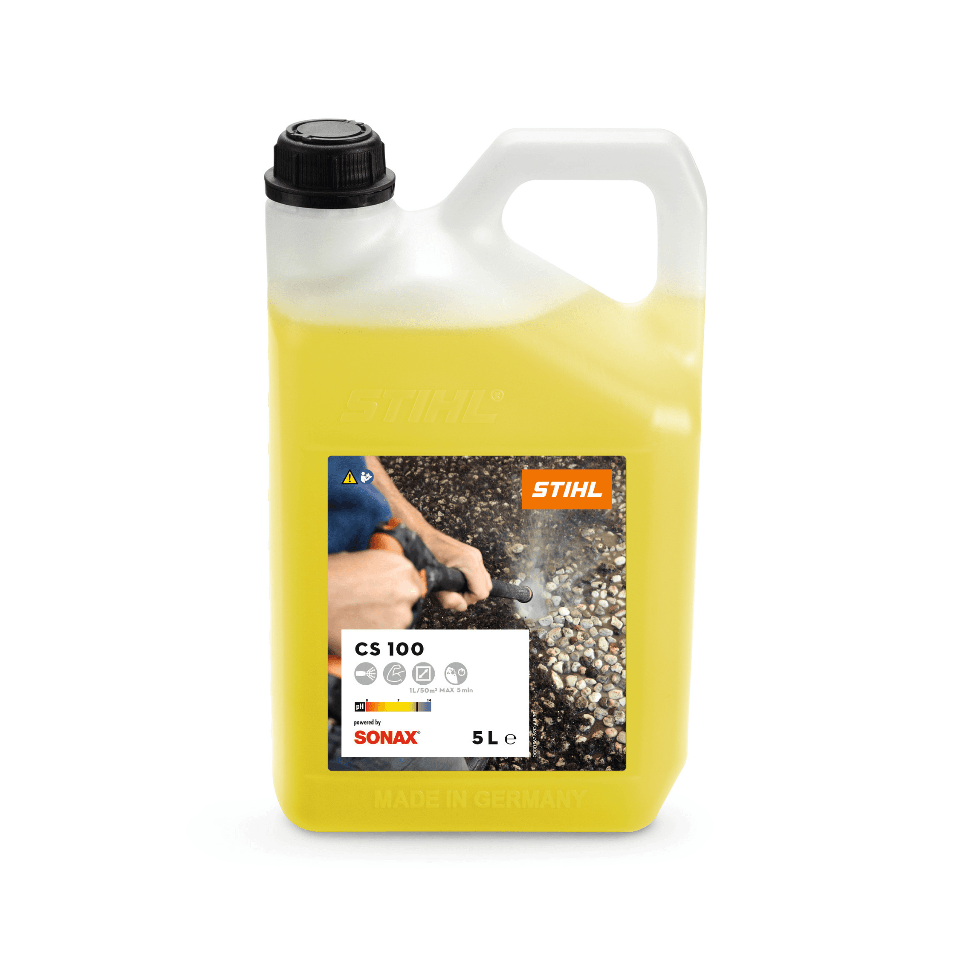 STIHL CS 100 Stone & Facade Cleaner 5L bottle designed for effective outdoor cleaning.