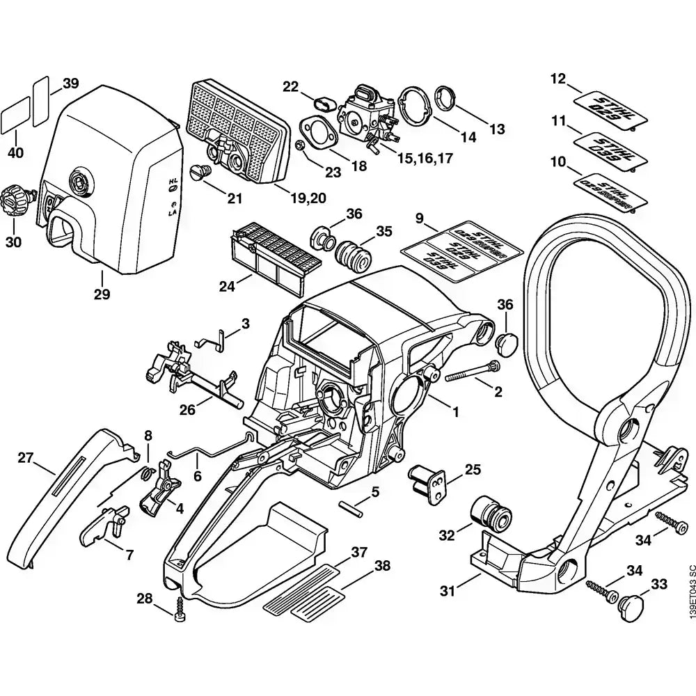 Detailed diagram of a tree surgeon's equipment parts and assembly for maintenance and repair.