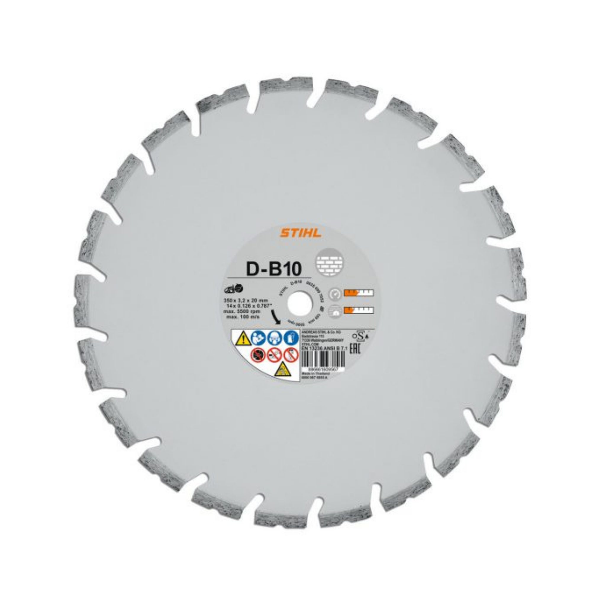 A STIHL D-B10 diamond saw blade with a light gray body, dark gray segmented teeth, and a central white label with orange and black text, shown on a plain white background.