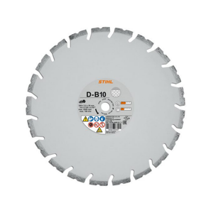 A STIHL D-B10 diamond saw blade with a light gray body, dark gray segmented teeth, and a central white label with orange and black text, shown on a plain white background.