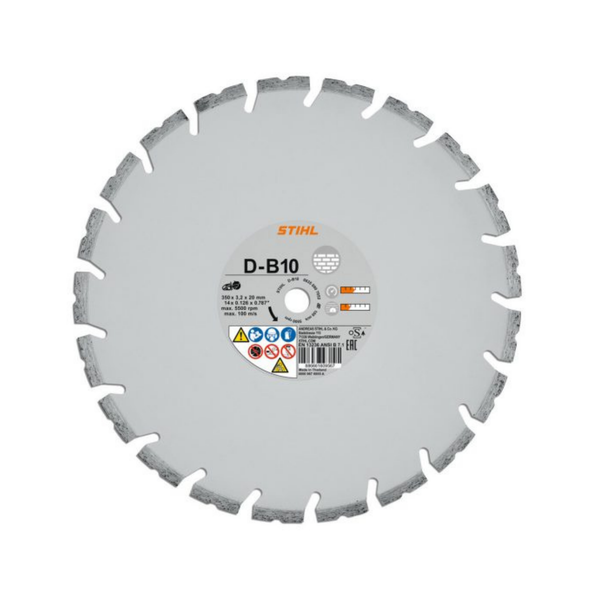 A STIHL D-B10 diamond saw blade with a light gray body, dark gray segmented teeth, and a central white label with orange and black text, shown on a plain white background.