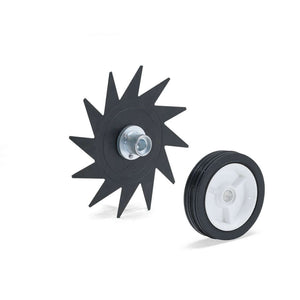 Stihl FC-MM Multisystem trimmer accessories featuring a star blade and wheel for garden maintenance.