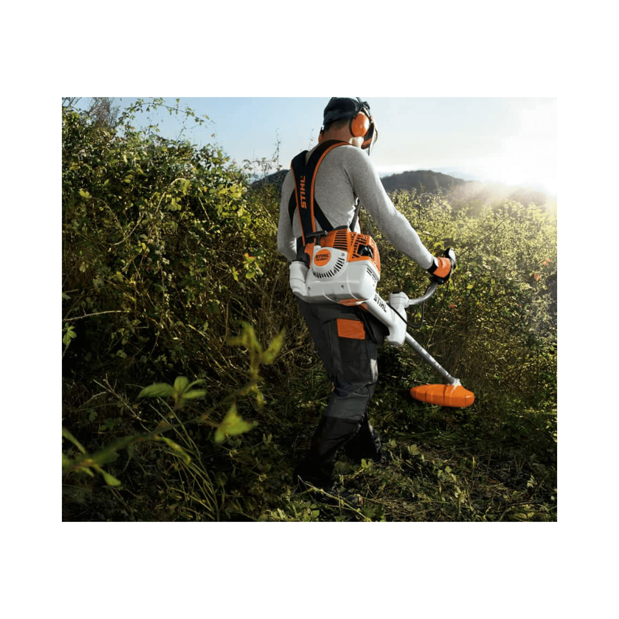 Professional using STIHL FS 491 C-EM petrol clearing saw in a lush landscape for tree maintenance.
