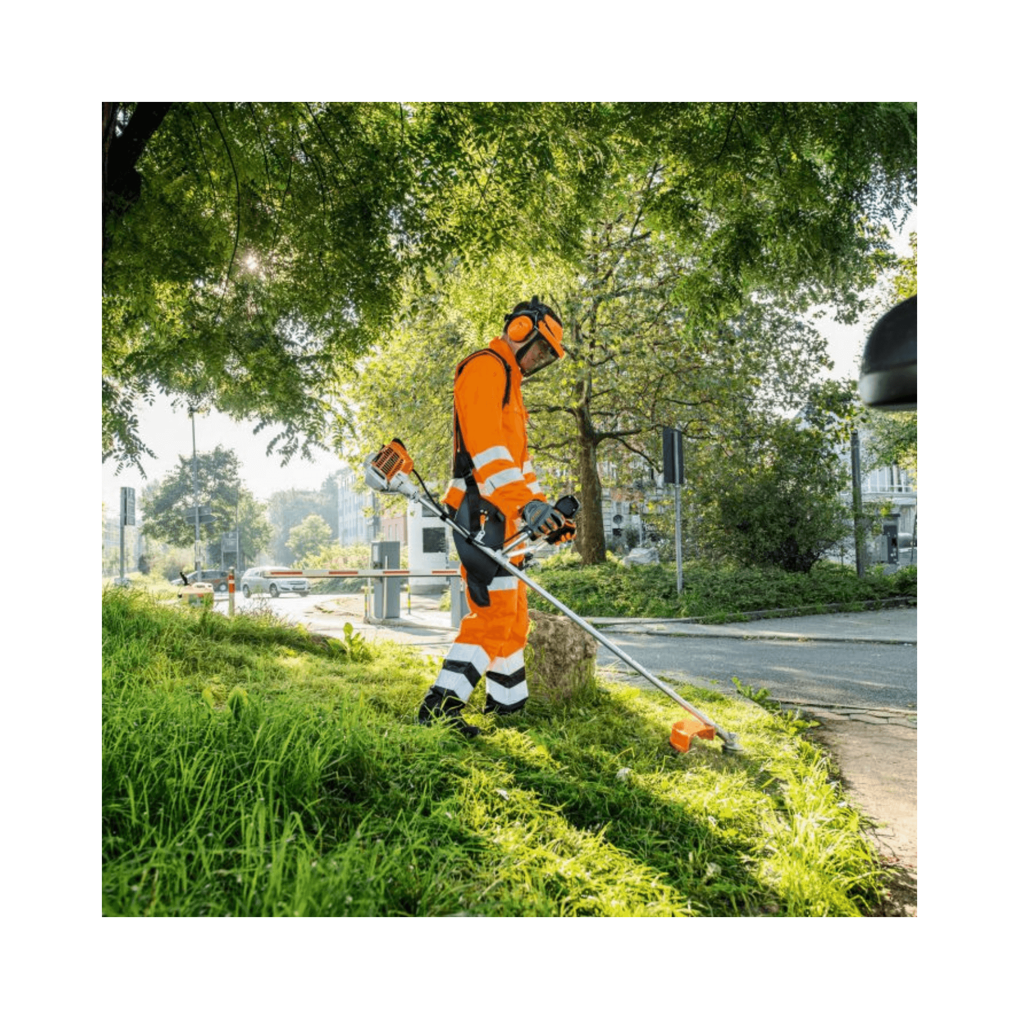 A professional tree surgeon using the FS 94 C-E Petrol Brushcutter for precision mowing in a landscaped area.