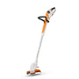 Stihl gardening strimmer tool with orange and white design on a white background
