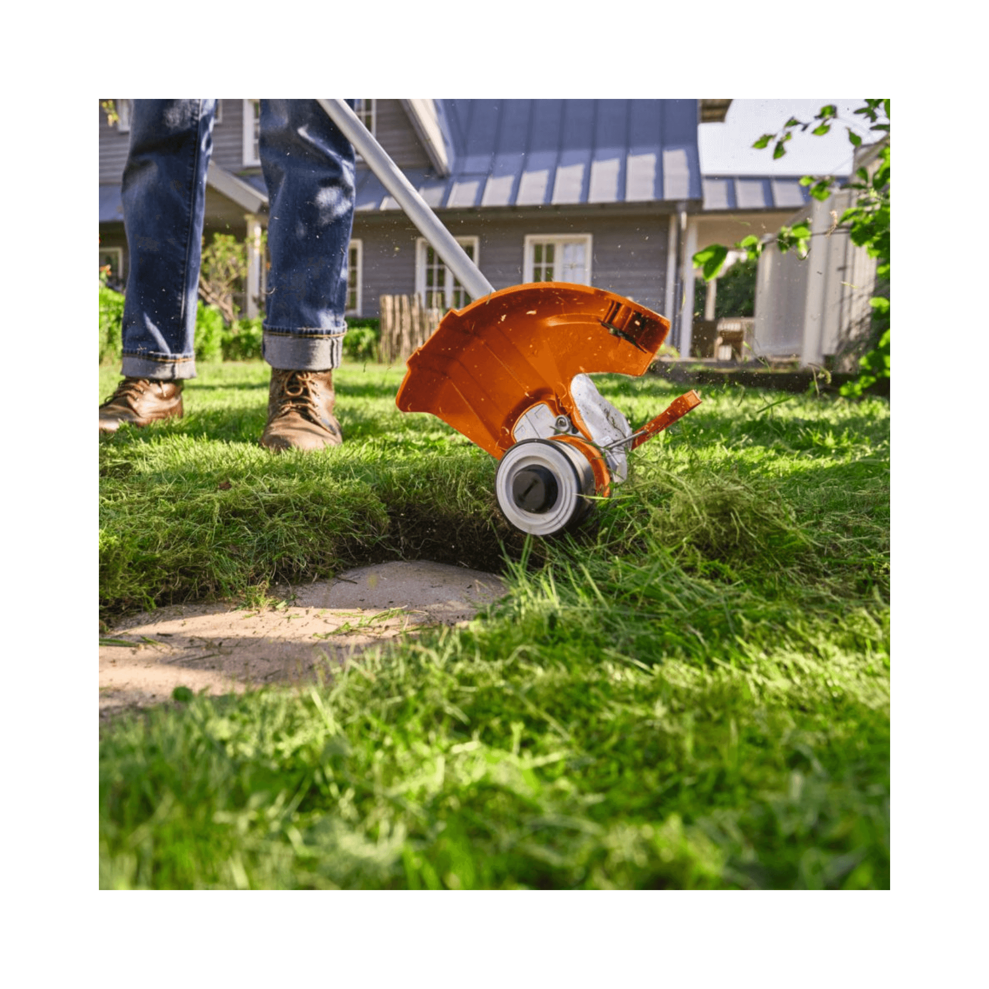 Person using a stihl lawn edger on a grassy area with a house in the background