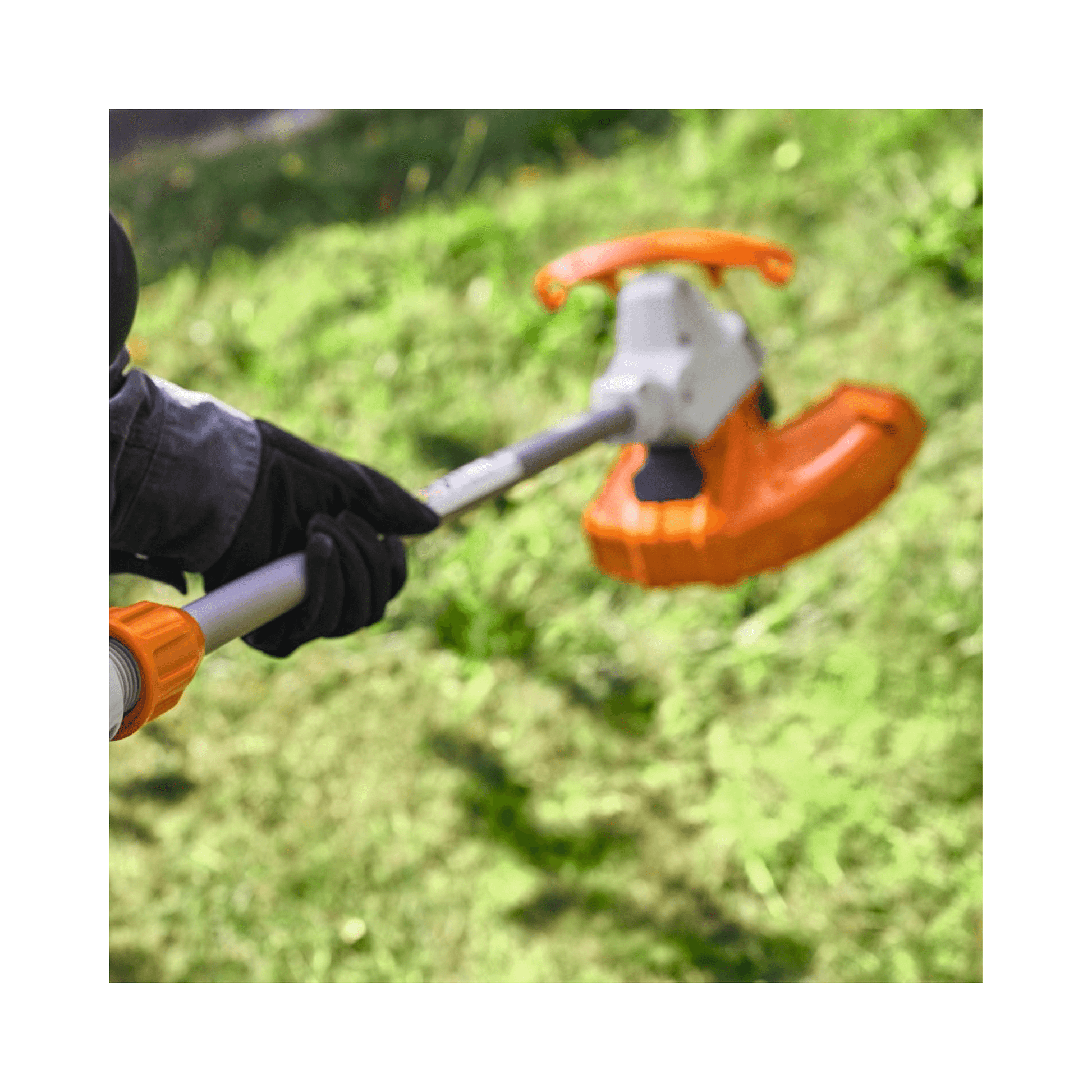 User operating a FSA 50 Cordless Grass Trimmer for easy lawn maintenance, ideal for homeowners and tree surgeons.