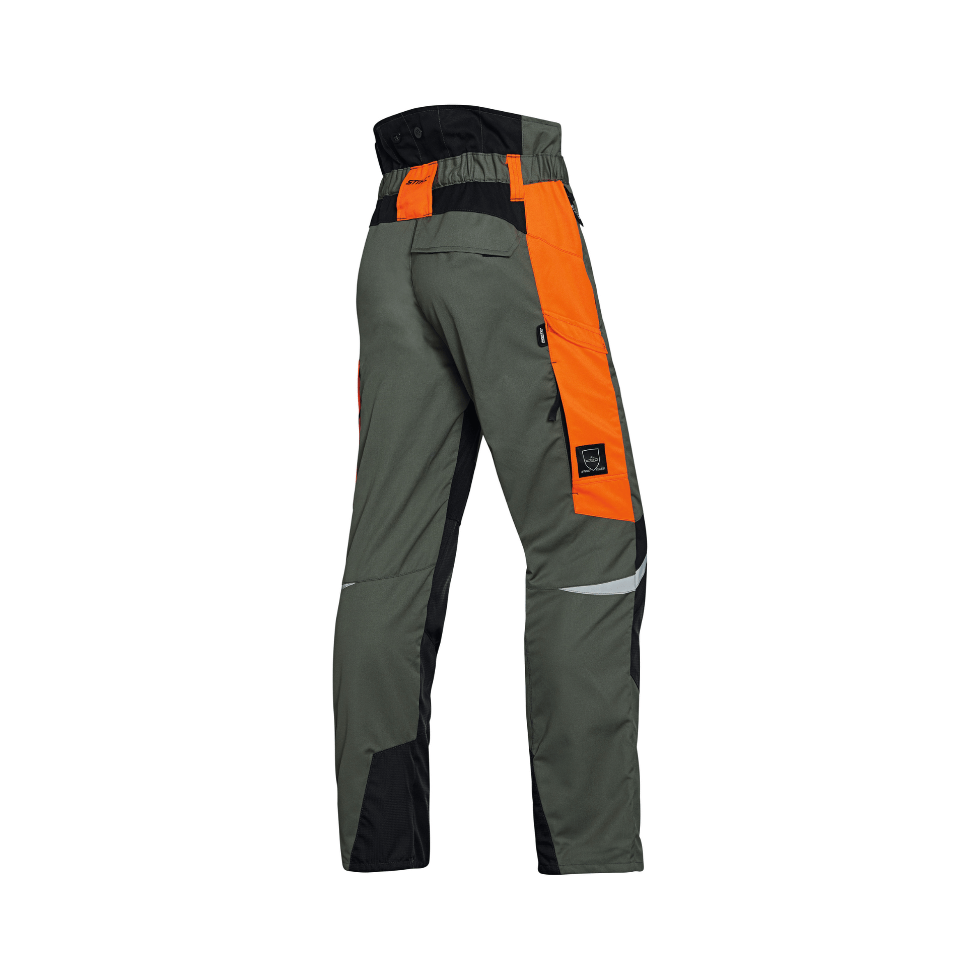STIHL FUNCTION ERGO Type A chainsaw trousers in green and orange, designed for tree surgeons and safety while tree trimming.