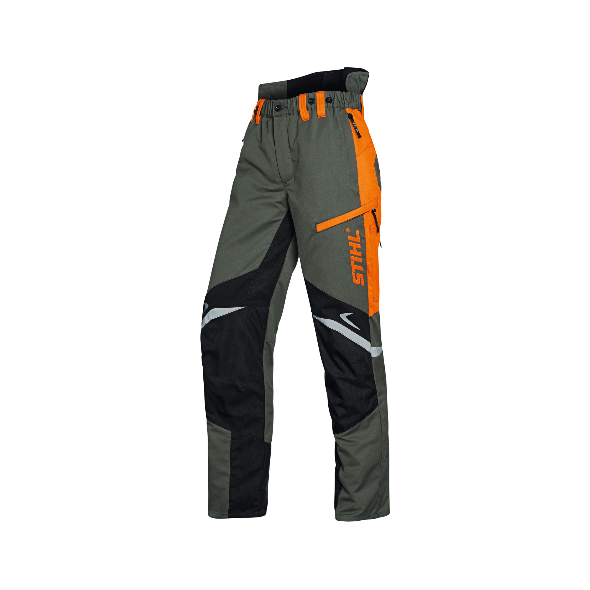 Gray and orange work pants with Stihl branding on a white background