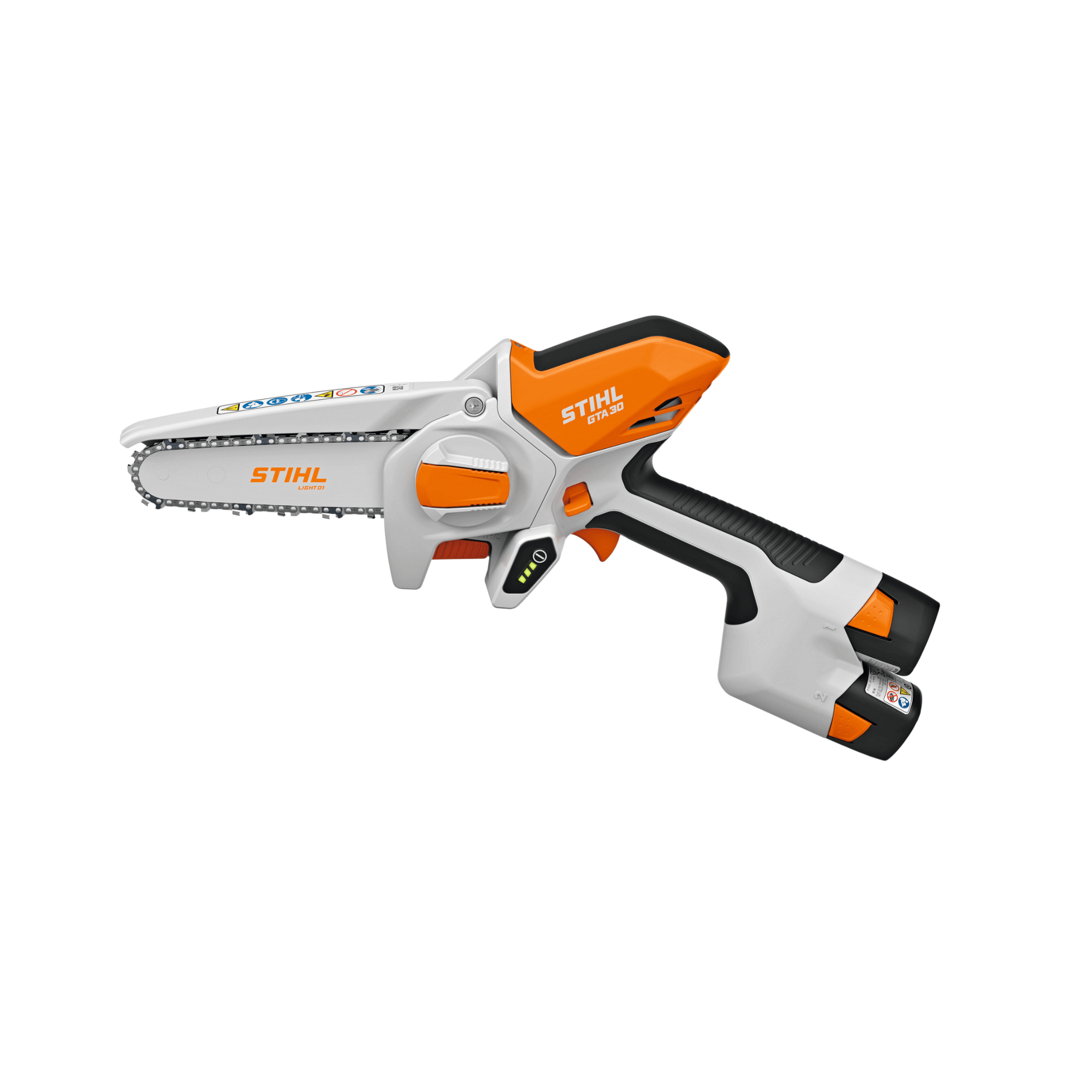 GTA 30 Cordless Battery Pruning Saw with ergonomic design and sharp chain for efficient cutting.