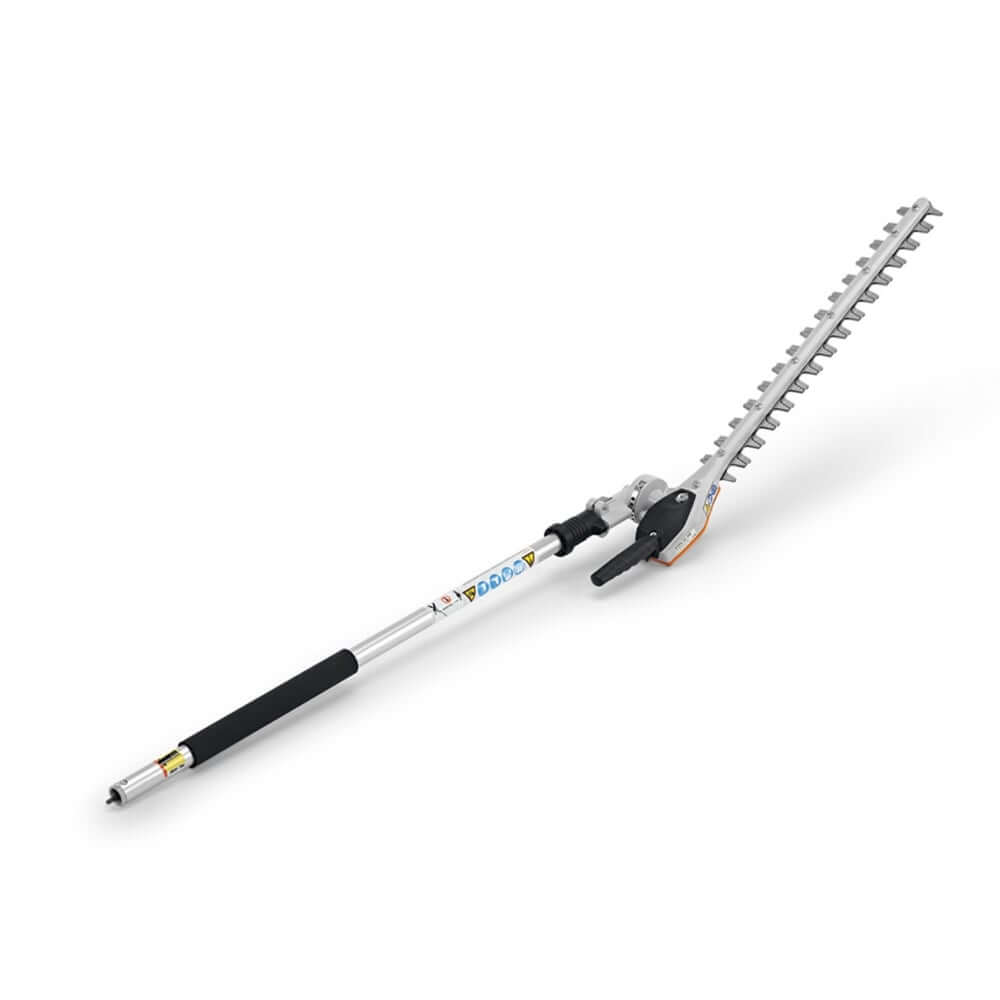 A Stihl HL-KM 145° Long-Reach Kombi Hedge Trimmer with a long double-sided blade attached to a telescopic handle.