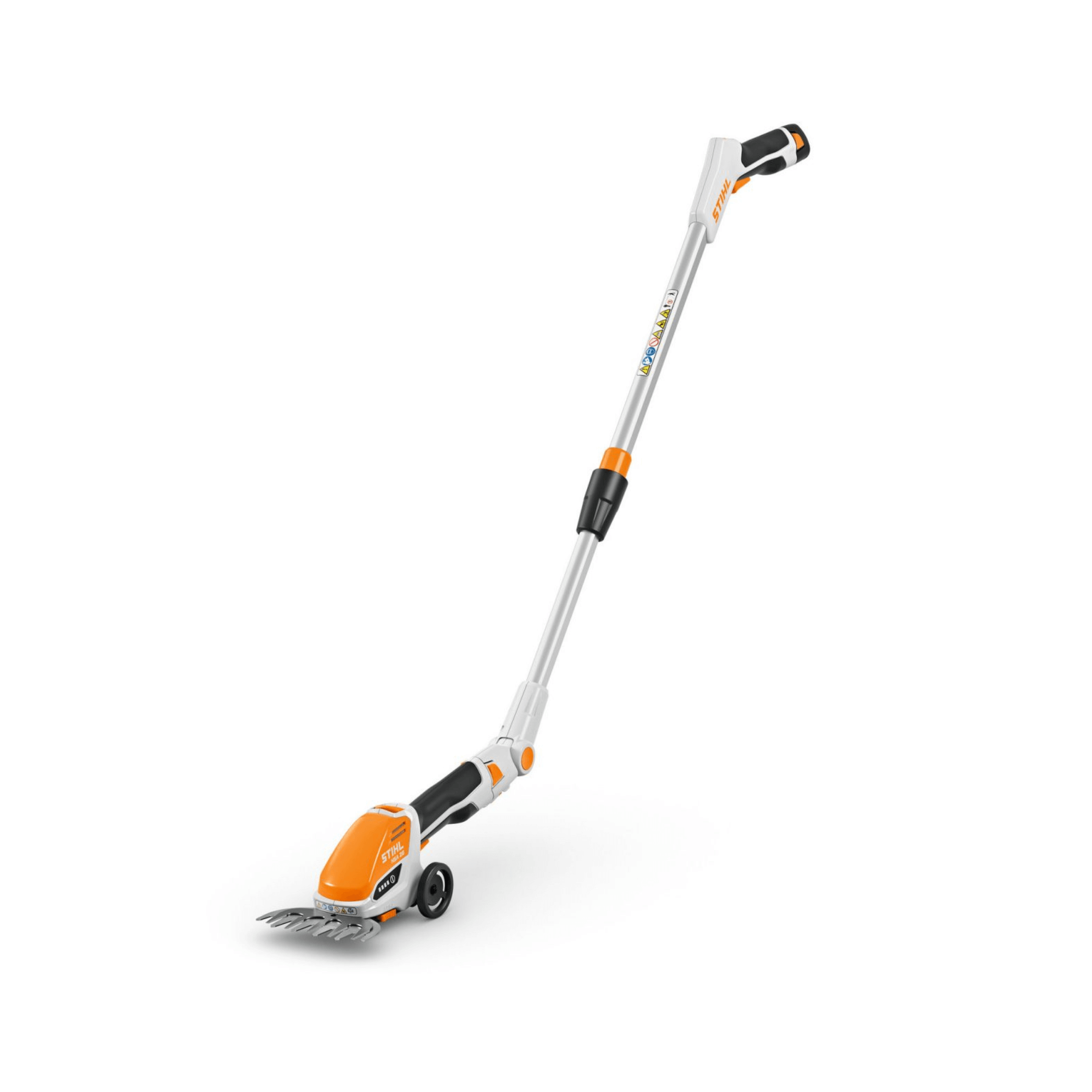 HSA 26 Telescopic Shaft attachment for STIHL cordless shrub shears with adjustable length and wheels for easy trimming.