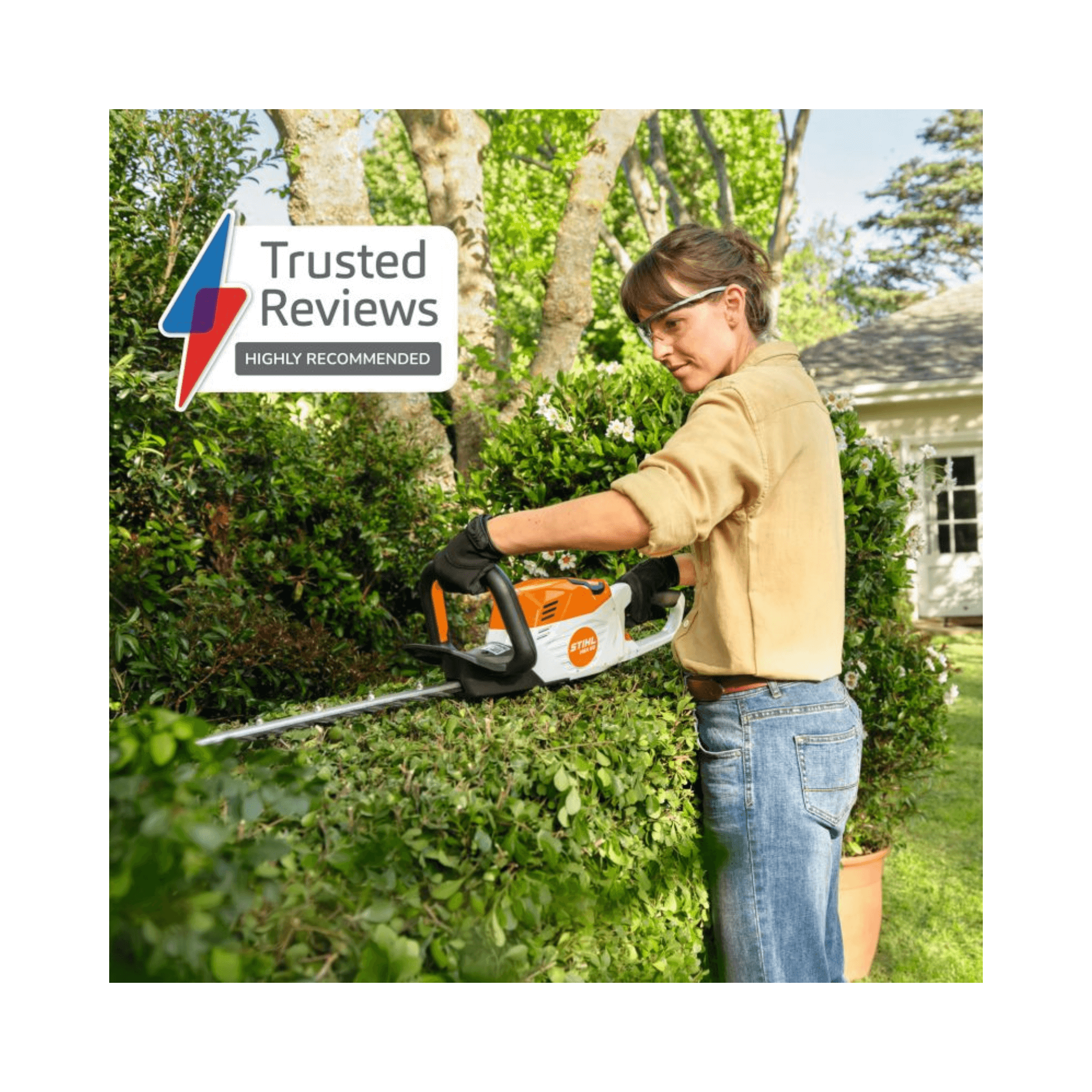 Person using HSA 60 Cordless Hedge Trimmer 24" on hedge, trusted reviews sticker highly recommended.