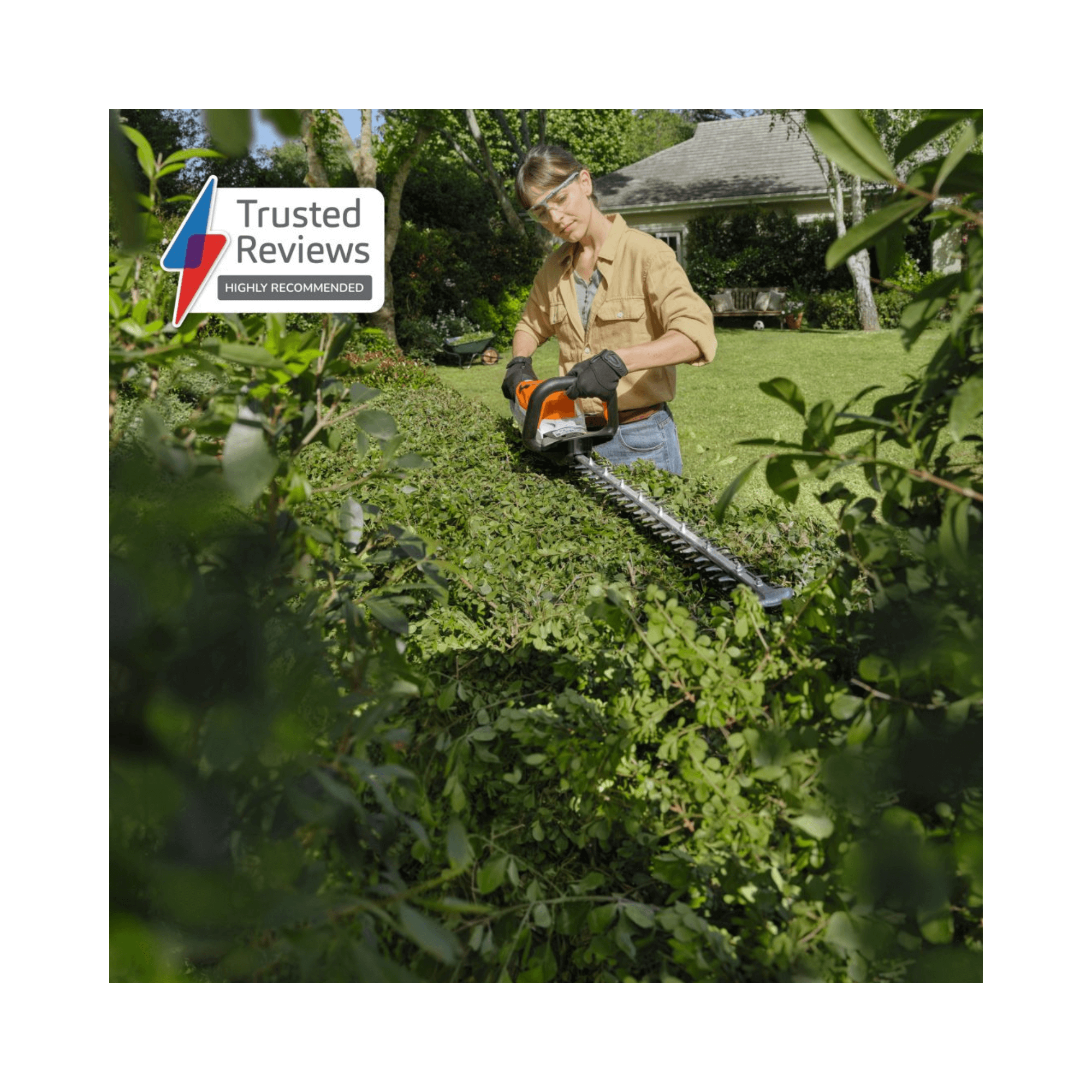 HSA 60 Cordless Hedge Trimmer 24" being used by a homeowner to trim a hedge in a garden setting.