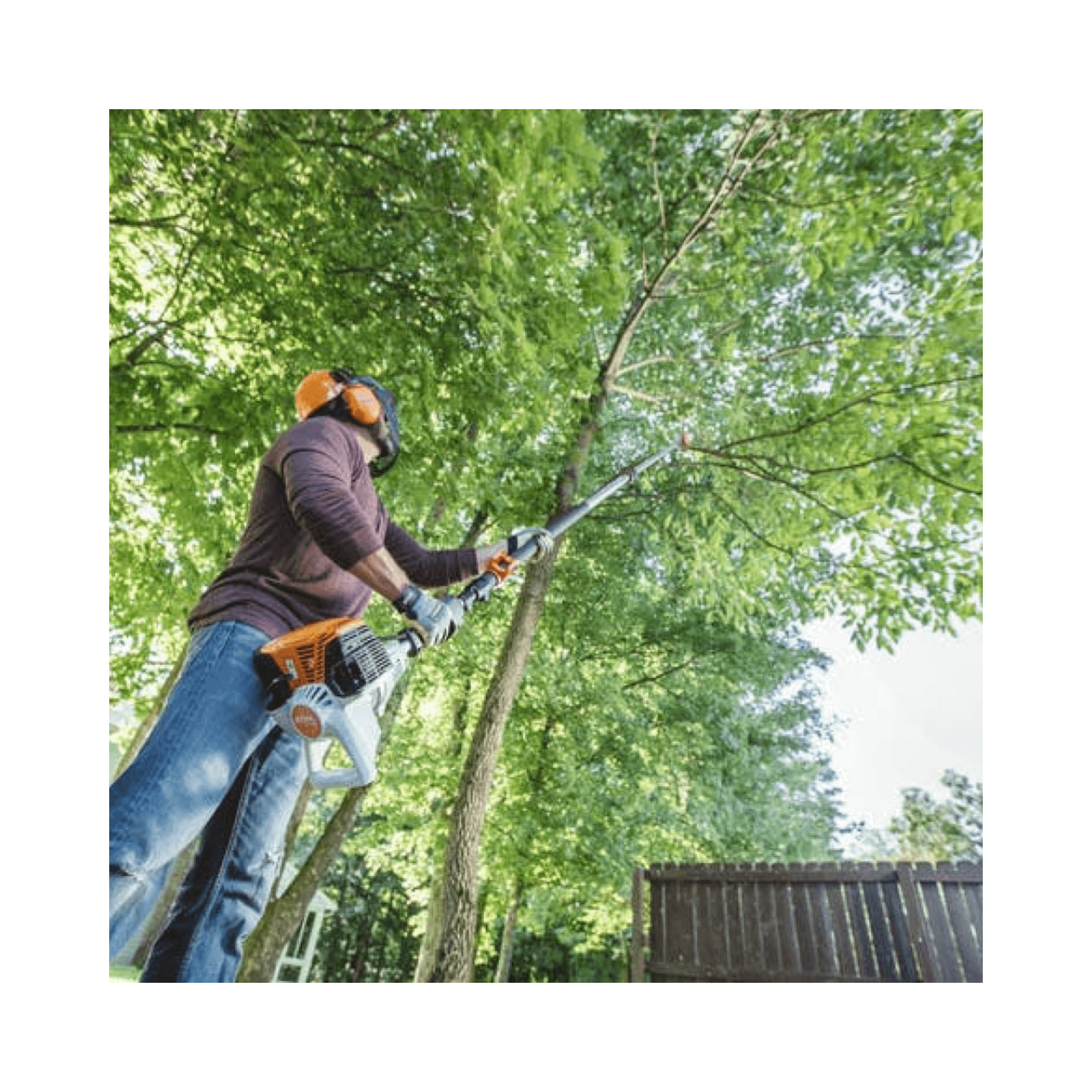 A tree surgeon using a STIHL HT 105 telescopic petrol pole pruner to trim branches in a lush green landscape.