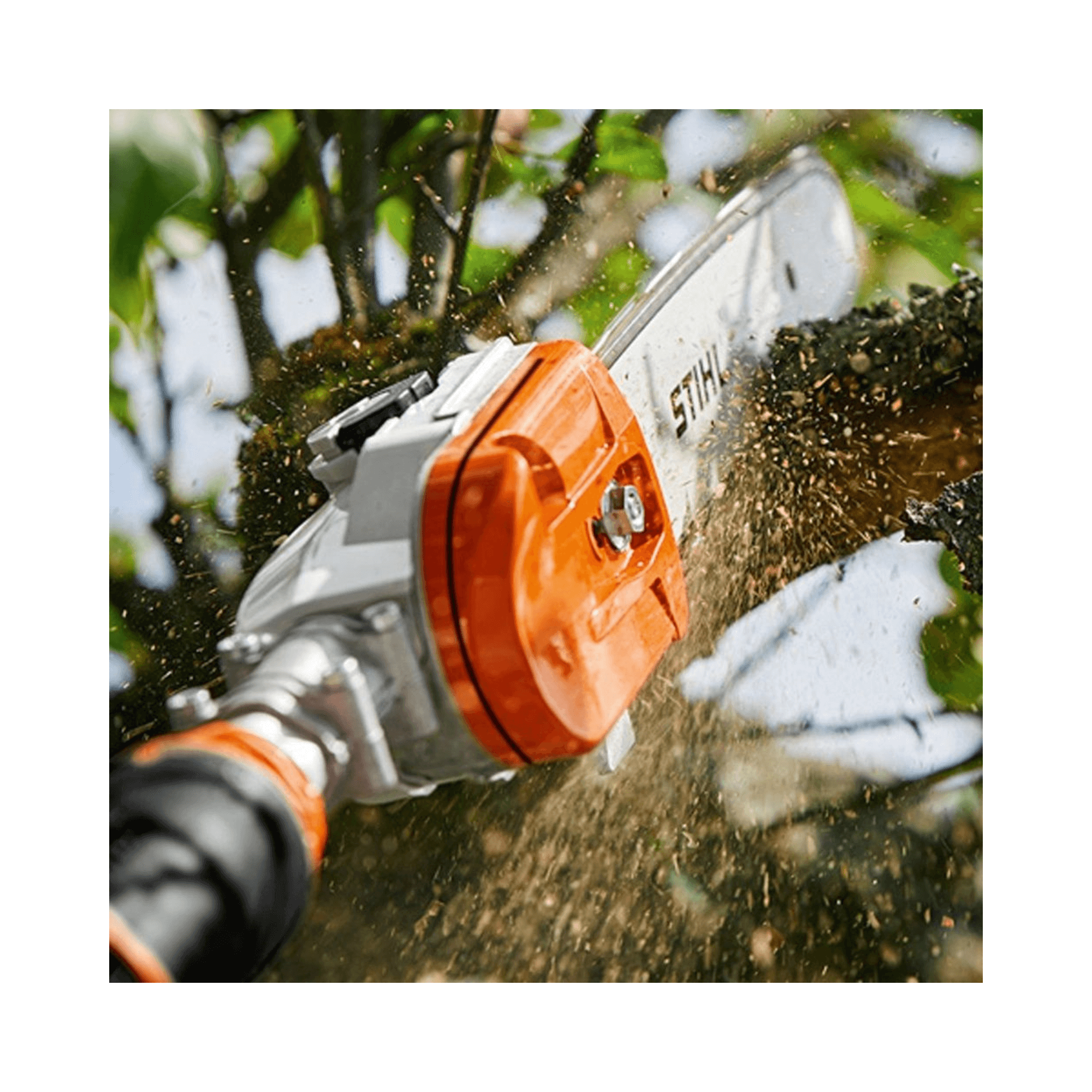 Close-up of STIHL HT 105 petrol pole pruner in action, cutting through tree branches for precise maintenance.