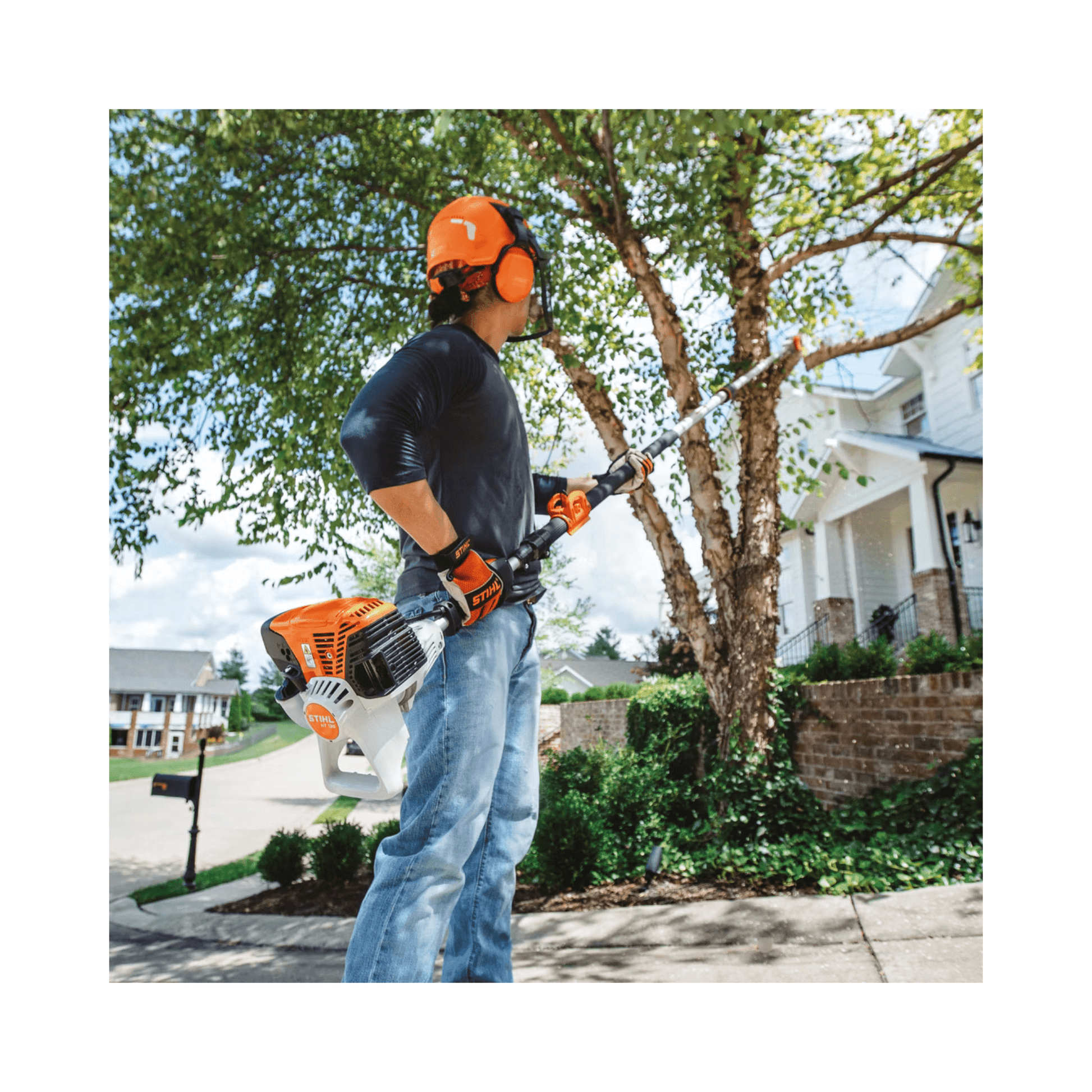 Professional tree surgeon using a STIHL HT 135 petrol pole pruner for efficient tree maintenance.