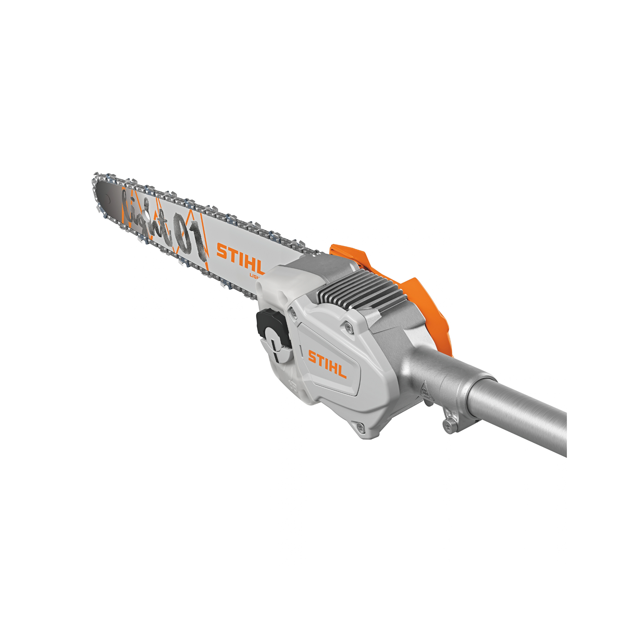 HTA 100 Cordless Pole Pruner showing the cutting bar and motor design for tree trimming.
