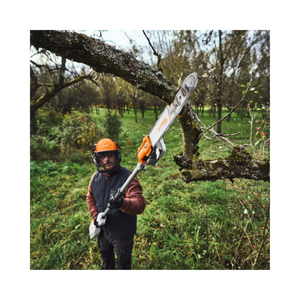 HTA 100 Cordless Pole Pruner in action, showcasing tree trimming performance by a professional arborist.