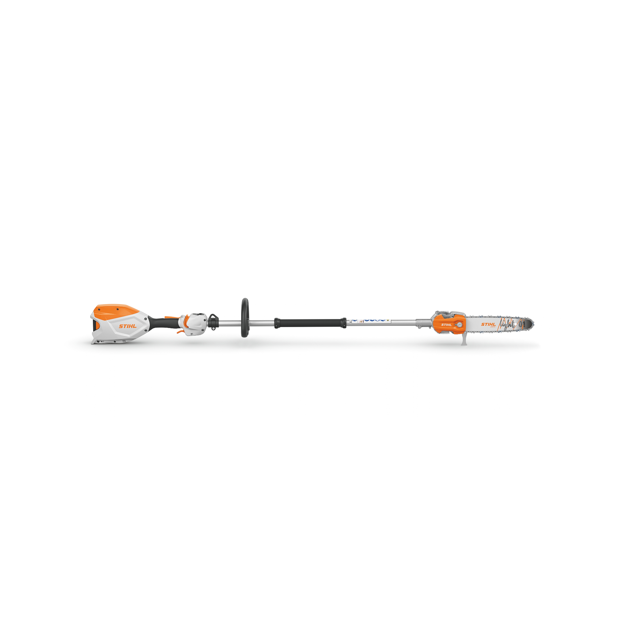 HTA 100 Cordless Pole Pruner side view showcasing the lightweight design and chain saw attachment for tree trimming.