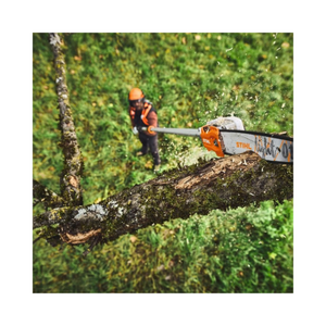 Person using the HTA 110 Cordless Pole Pruner to trim tree branches in a grassy area.