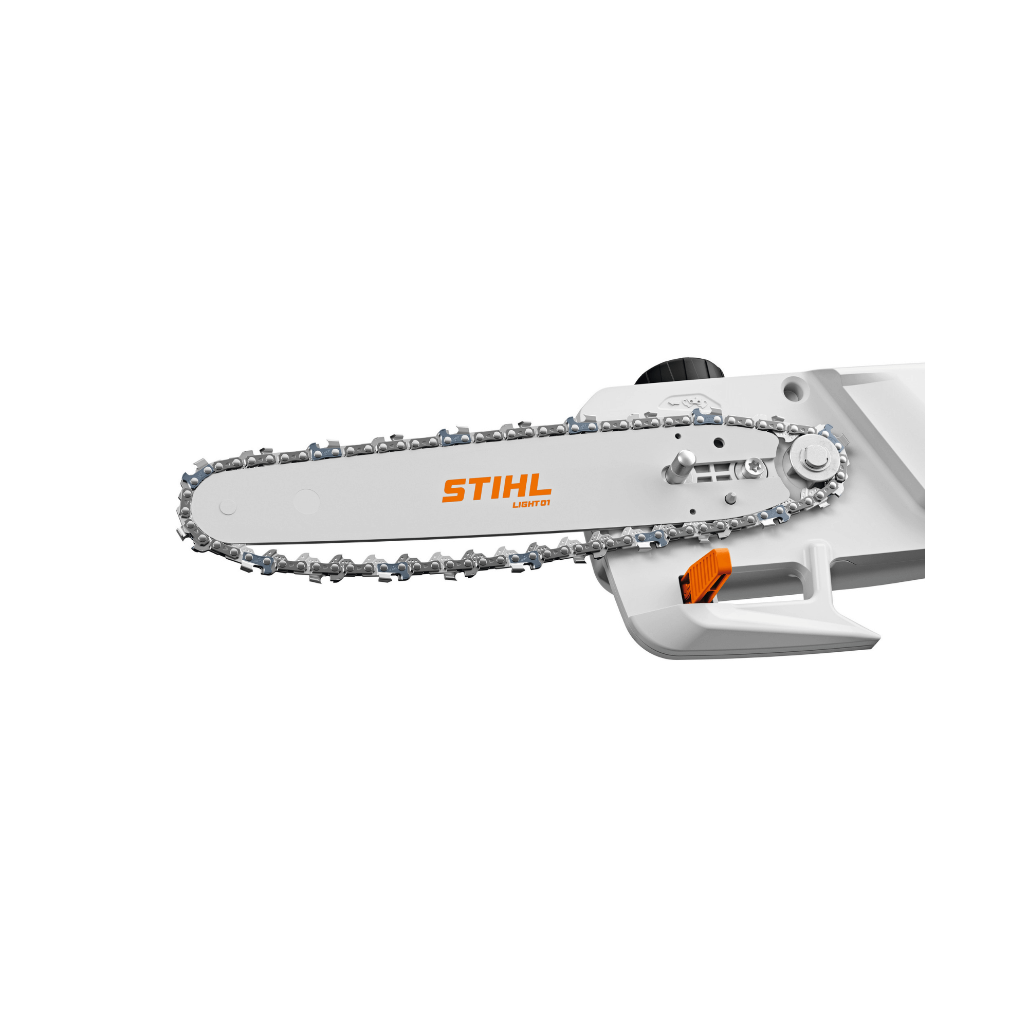 Close-up of the STIHL HTA 30 Cordless Pole Pruner chain and blade, designed for professional-level cutting performance.