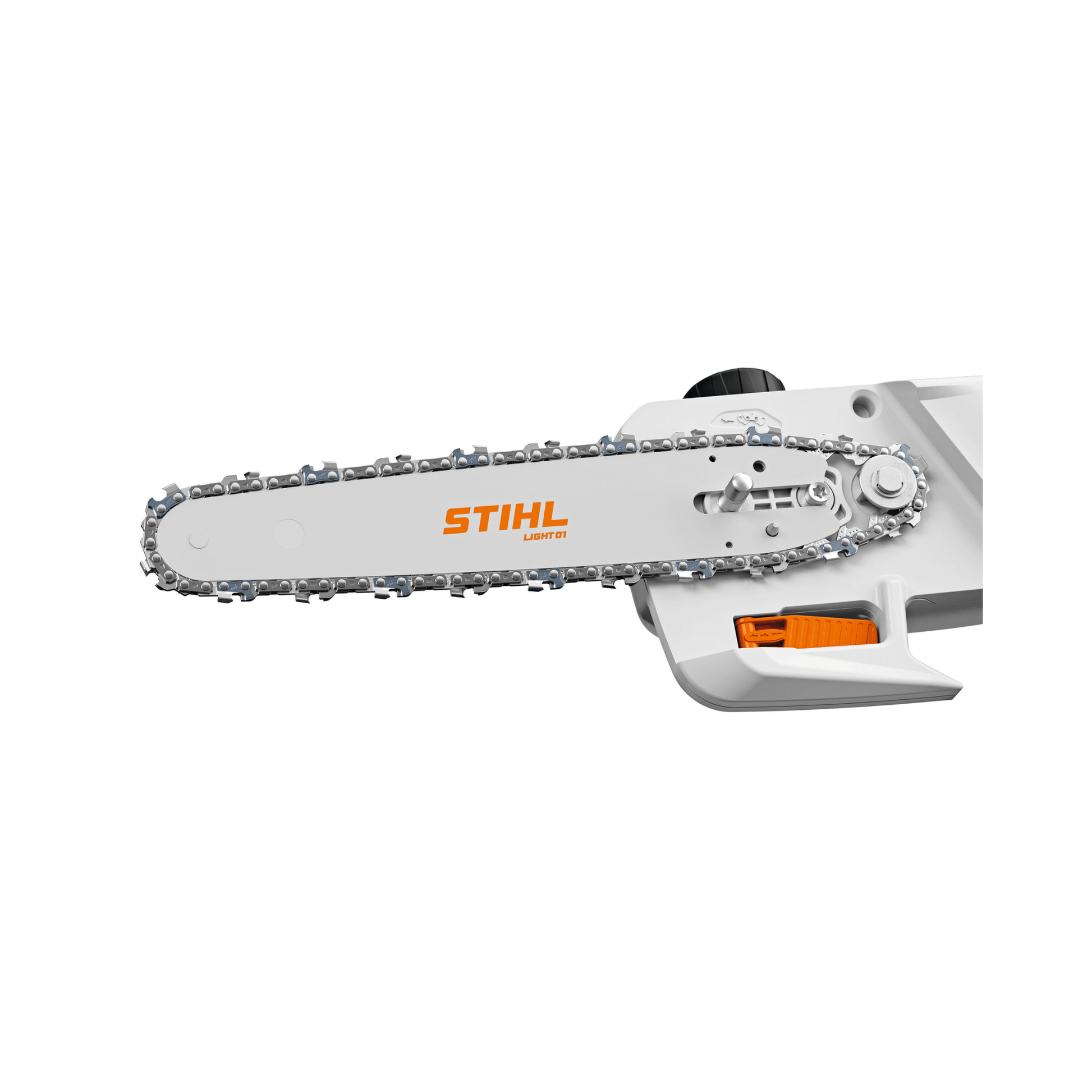 Close-up of the STIHL HTA 30 Cordless Pole Pruner chain and bar, designed for precise cutting.