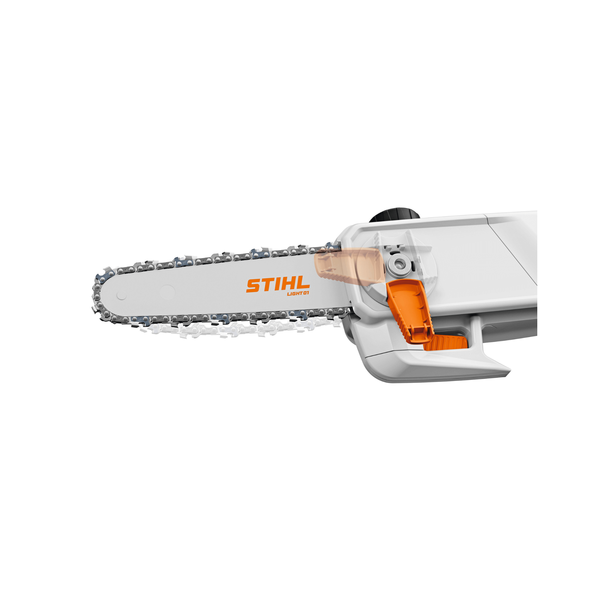 Close-up view of the STIHL HTA 30 Cordless Pole Pruner chain and bar highlighting its powerful cutting performance.
