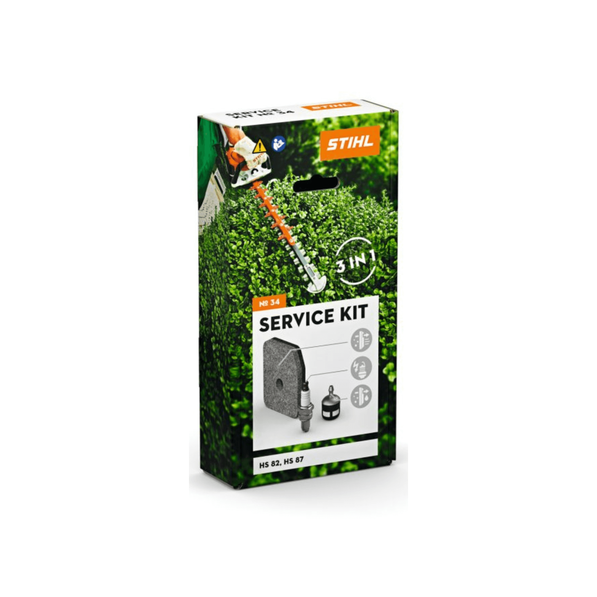 STIHL Hedge Trimmer Service Kits packaging displayed on trimmed hedge.