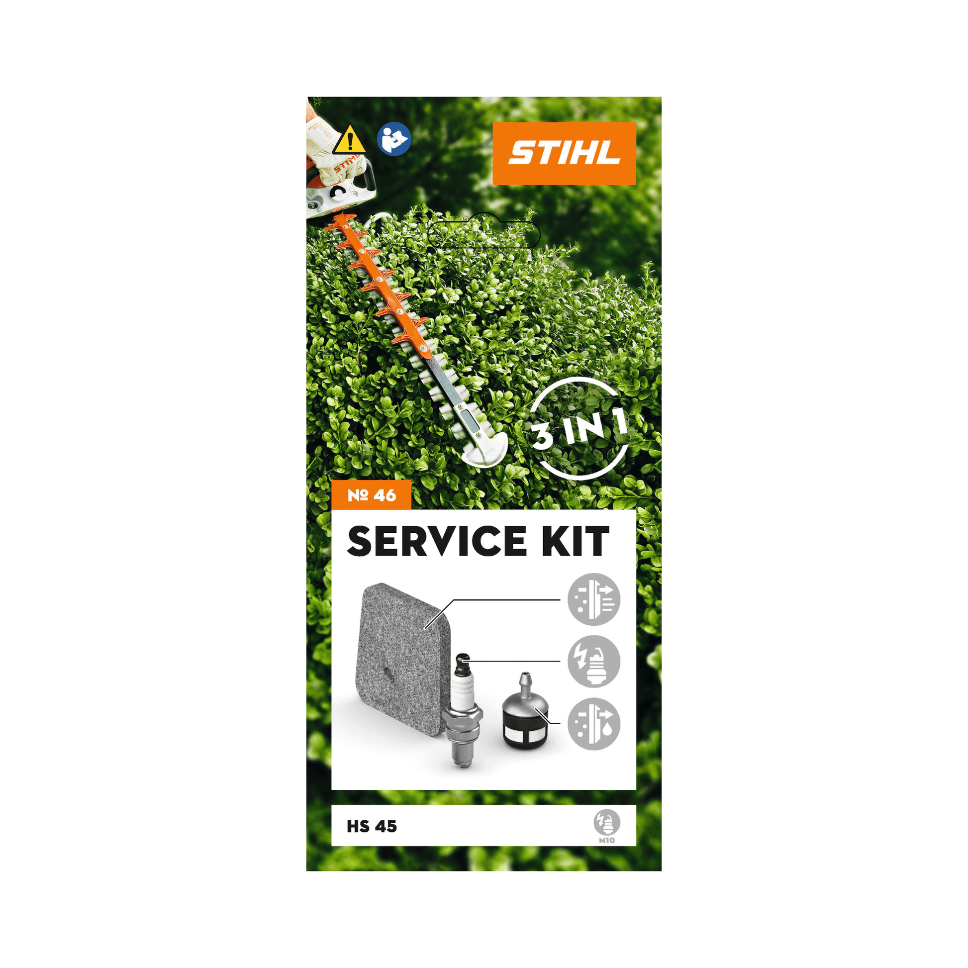 STIHL Hedge Trimmer Service Kits packaging featuring air filter, spark plug, and fuel filter for maintenance.