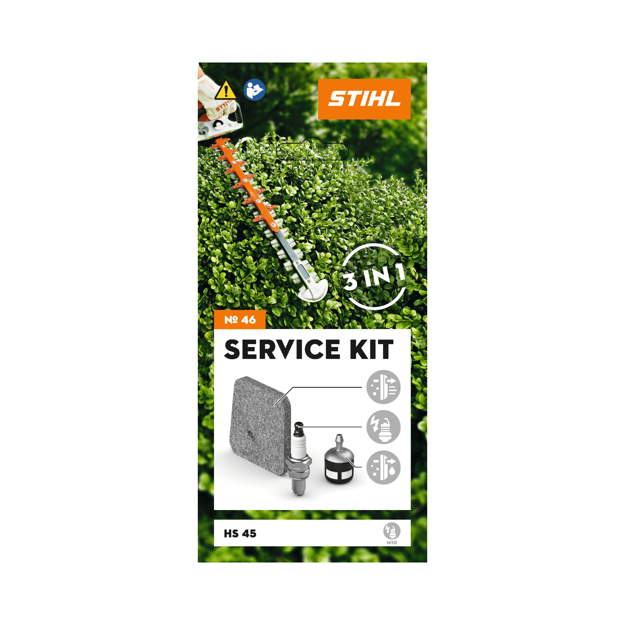 STIHL Hedge Trimmer Service Kits packaging featuring air filter, spark plug, and fuel filter for maintenance.