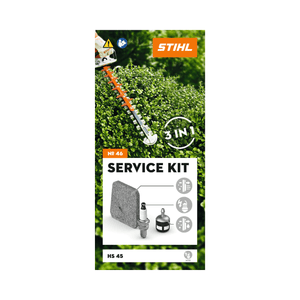 STIHL Hedge Trimmer Service Kits packaging featuring air filter, spark plug, and fuel filter for maintenance.